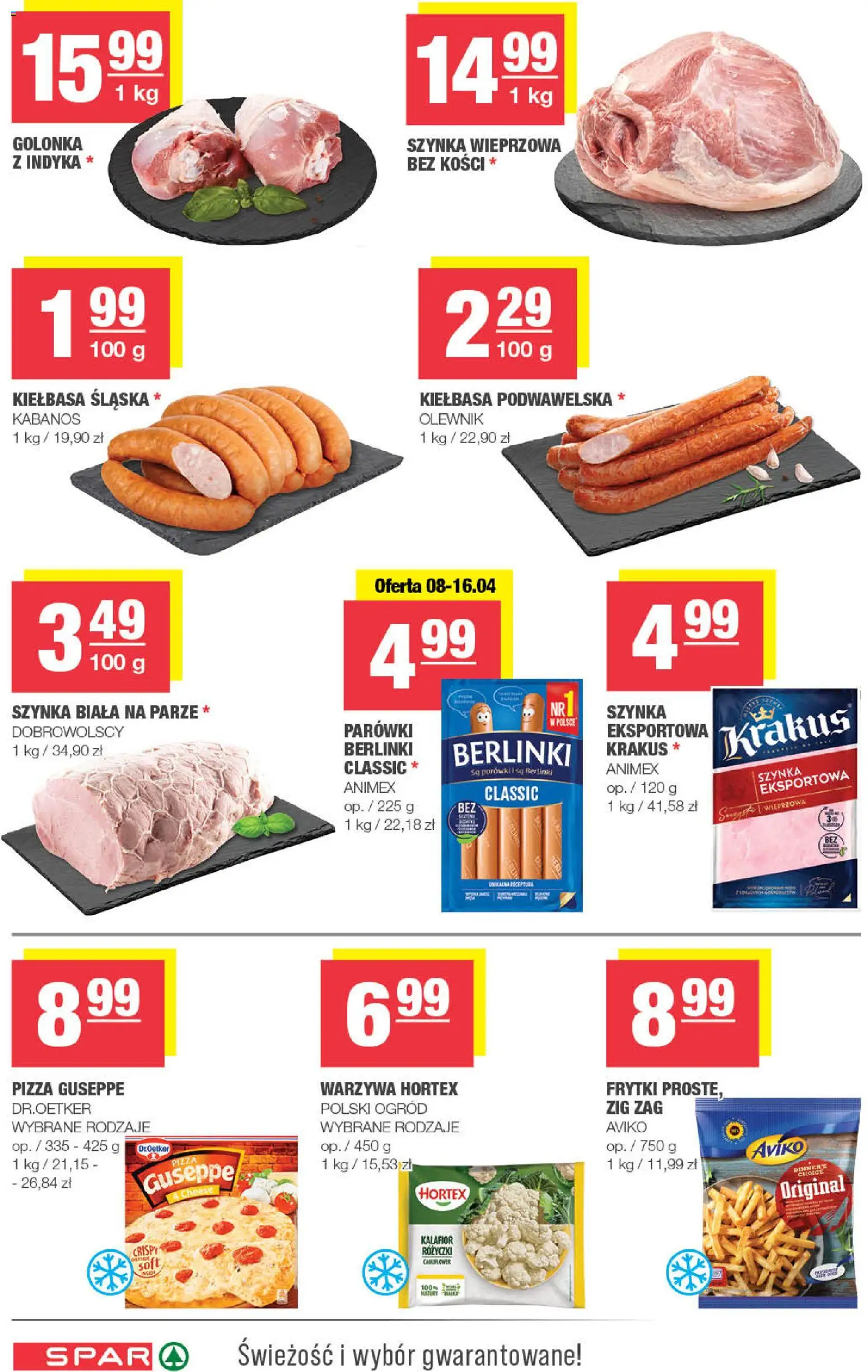Spar gazetka od 08.04.2026 | Strona: 4 | Produkty: Kiełbasa śląska, Kiełbasa podwawelska, Pizza, Frytki