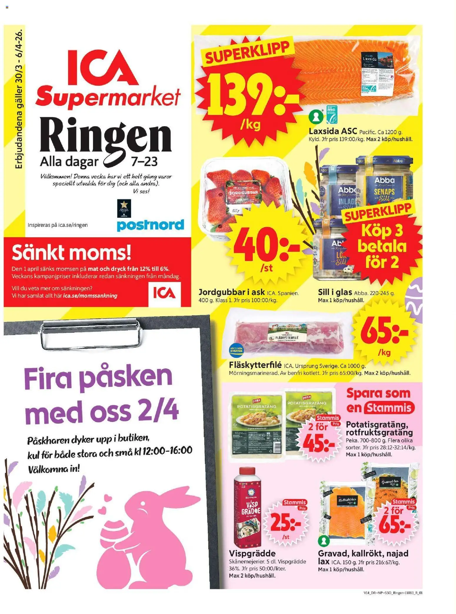 ICA Supermarket reklamblad aktuell från 30.03.2026 | Sida: 1 | Produkter: Galler, Sill, Jordgubbar, Vispgrädde