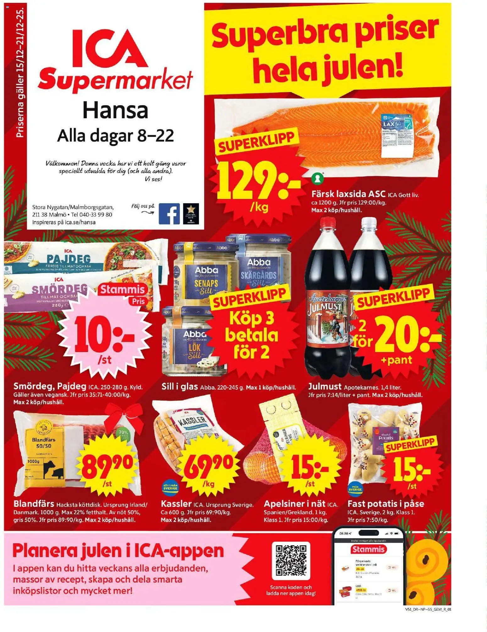 ICA Supermarket reklamblad aktuell från 15.12.2025 | Sida: 1 | Produkter: Kassler, Fanta, Apelsiner, Potatis