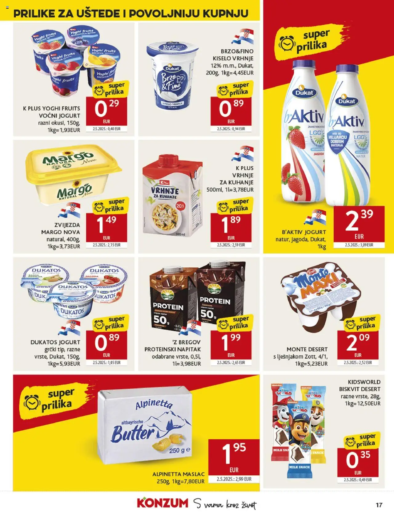 Konzum katalog | vrijedi od 08.10.2025 | Stranica: 17 | Proizvodi: Vrhnje za kuhanje, Maslac, Voćni jogurt, Kiselo vrhnje