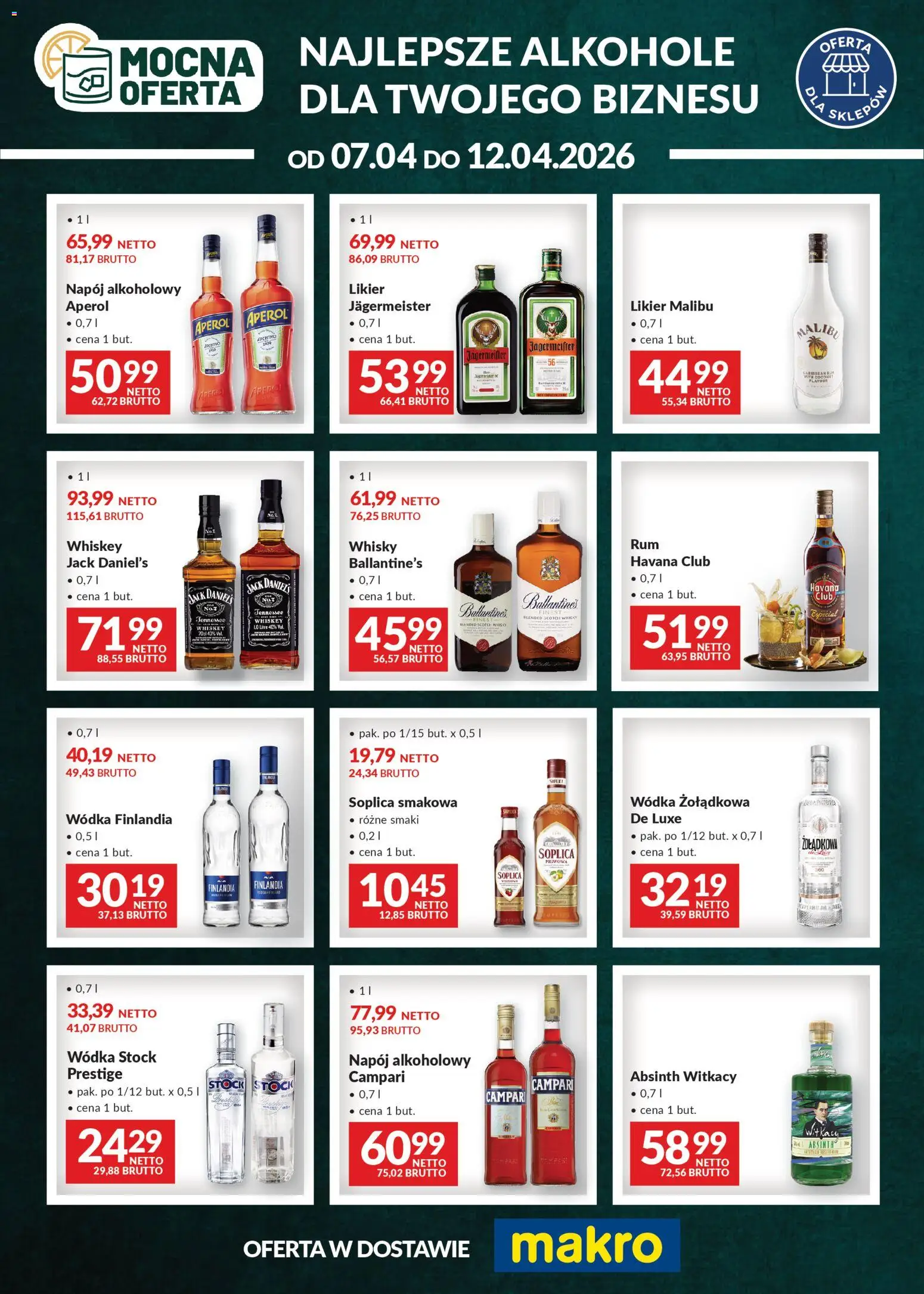 Makro gazetka - Mocna oferta od 07.04.2026 | Strona: 1 | Produkty: Wódka Stock, Jack Daniel's, Jagermeister, Whisky