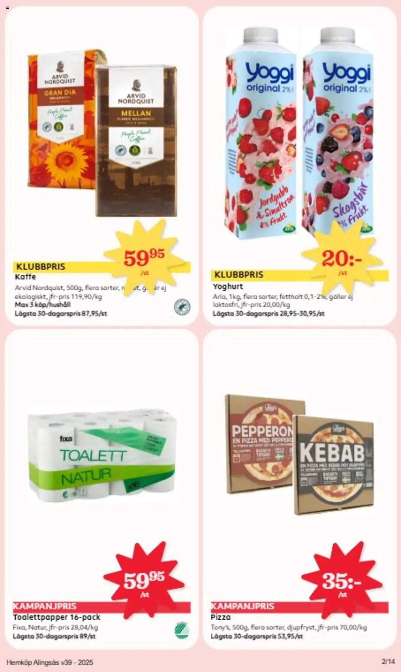 Hemköp reklamblad aktuell från 22.09.2025 | Sida: 2 | Produkter: Galler, Toalett, Pizza, Yoggi