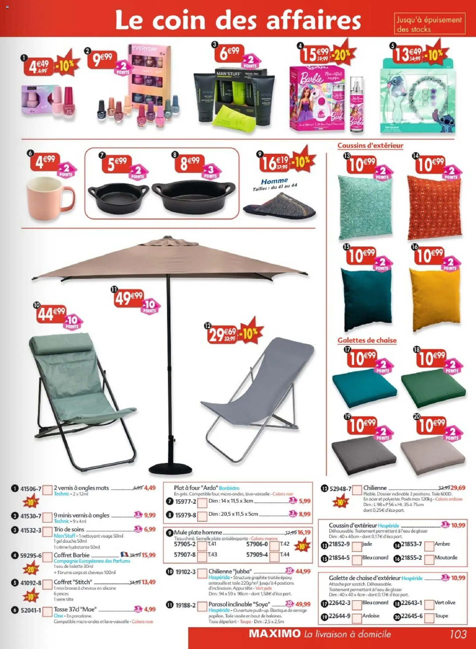 {H1} | Page: 103 | Produits: Eau de toilette, Brosse, Crème hydratante, Parasol inclinable