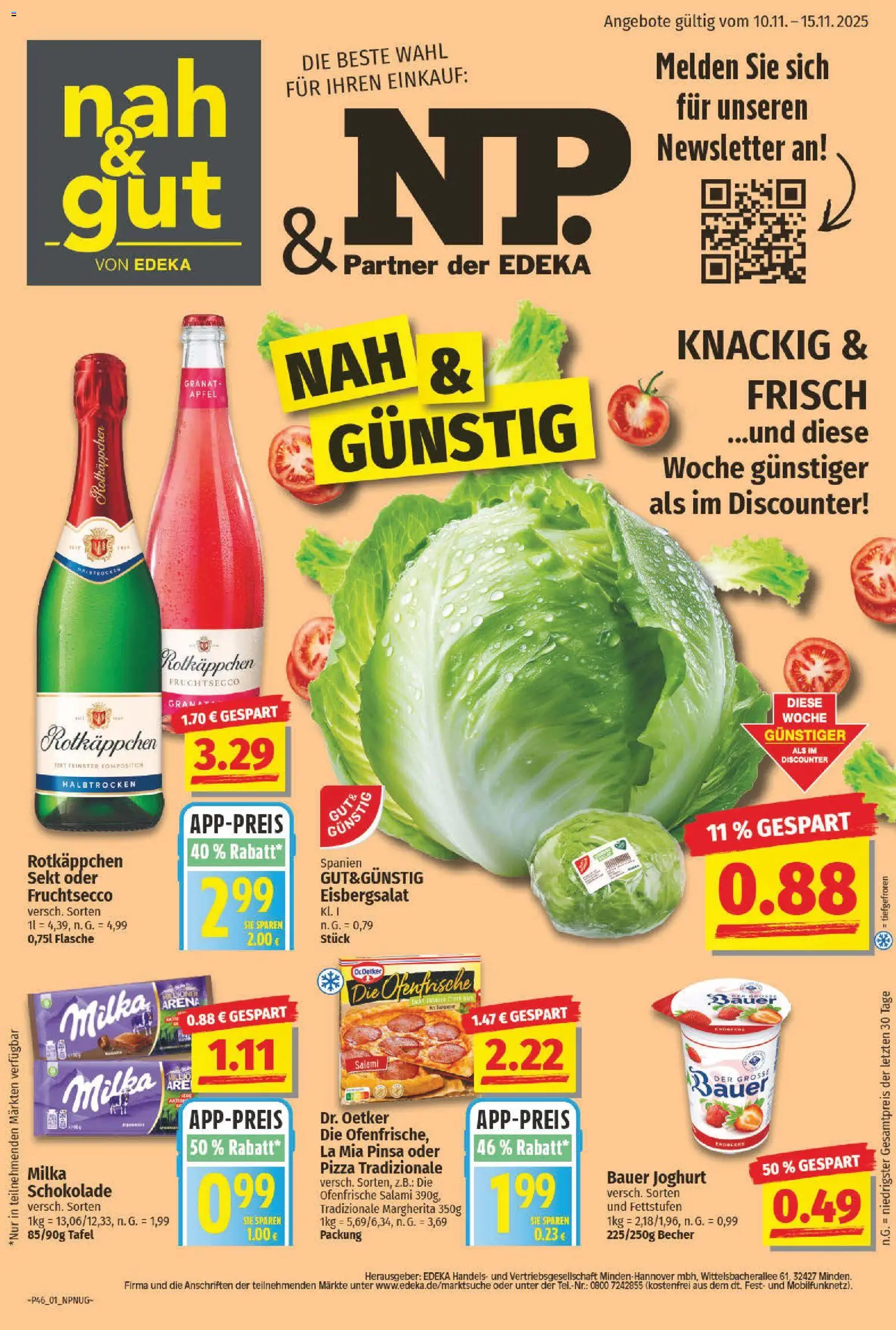 NP Discount Prospekt 	 – gültig ab 10.11.2025 | Seite: 1 | Produkte: Schokolade, Bauer joghurt, Äpfel, Pizza
