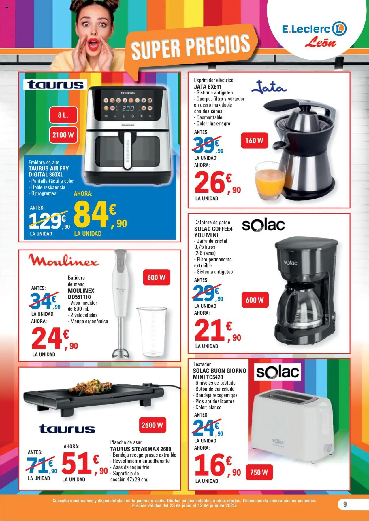 E.Leclerc folleto │ válido desde el 23.06.2025 | Página: 9 | Productos: Cafetera, Exprimidor, Freidora, Bandeja