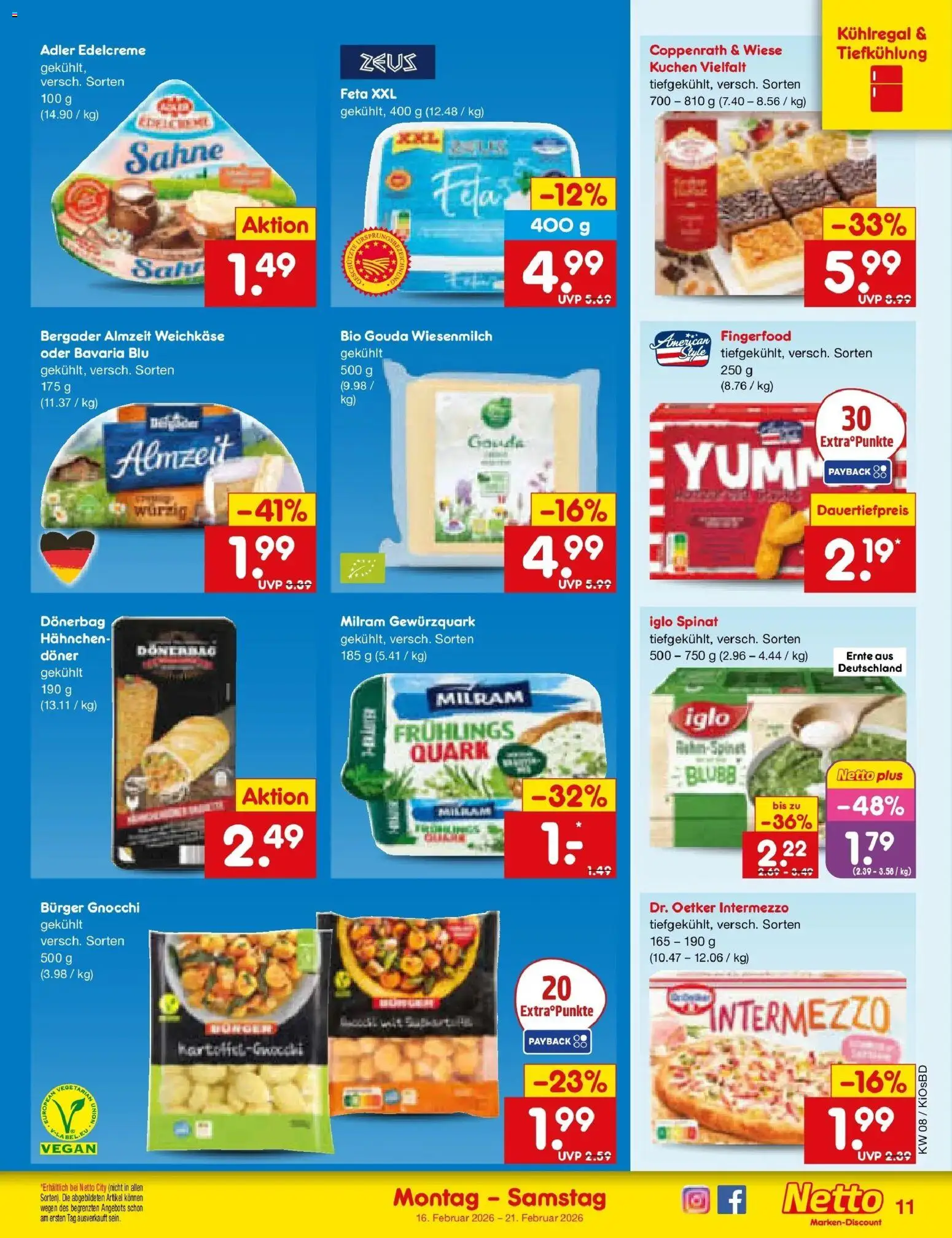 Netto Marken-Discount prospekt Mistelbach	 – gültig ab 16.02.2026 | Seite: 11 | Produkte: Hahnchen, Iglo, Burger, Sahne