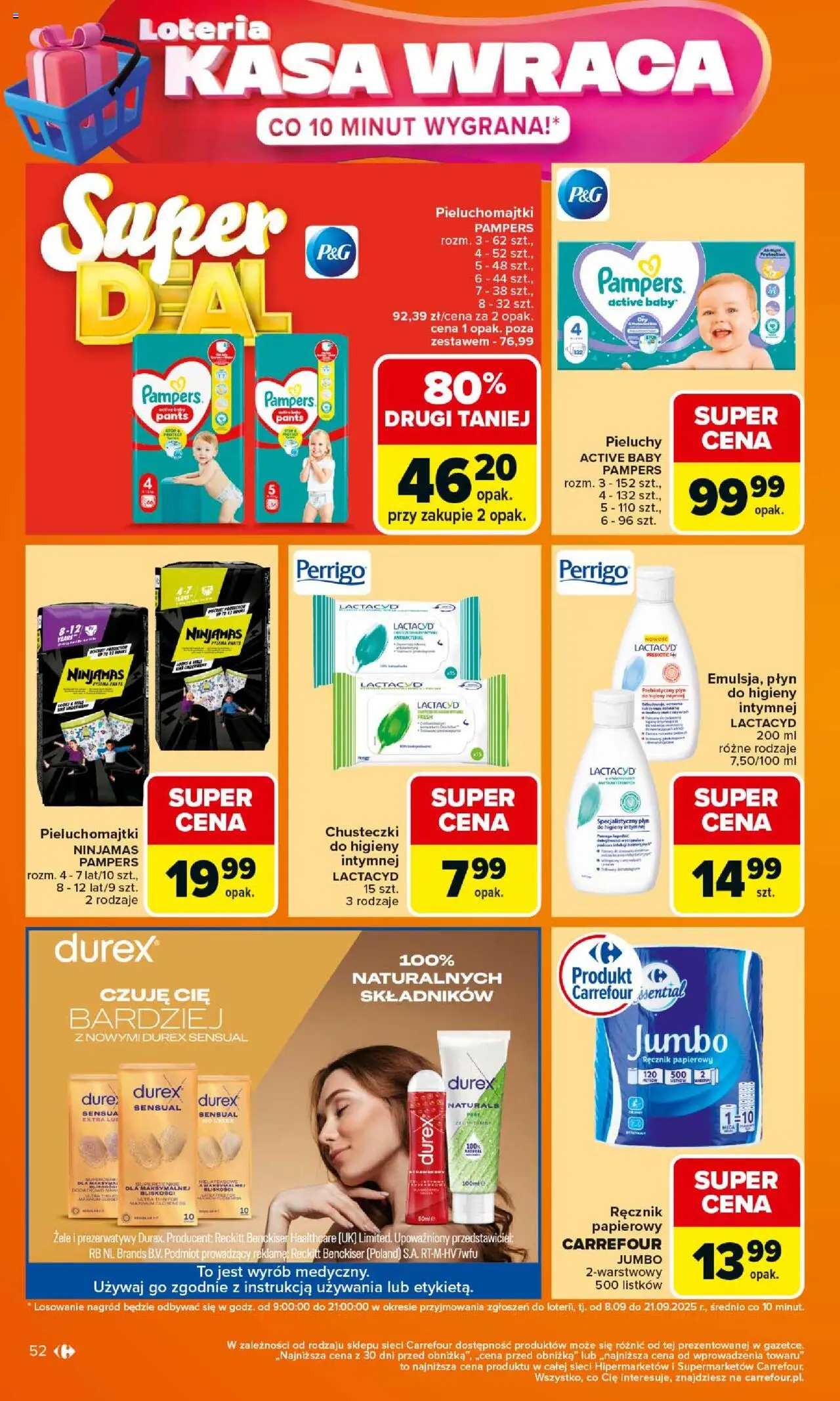 Carrefour Gazetka od 15.09.2025 | Strona: 52 | Produkty: Prezerwatywy, Pampers, Pieluchomajtki, Ręcznik papierowy