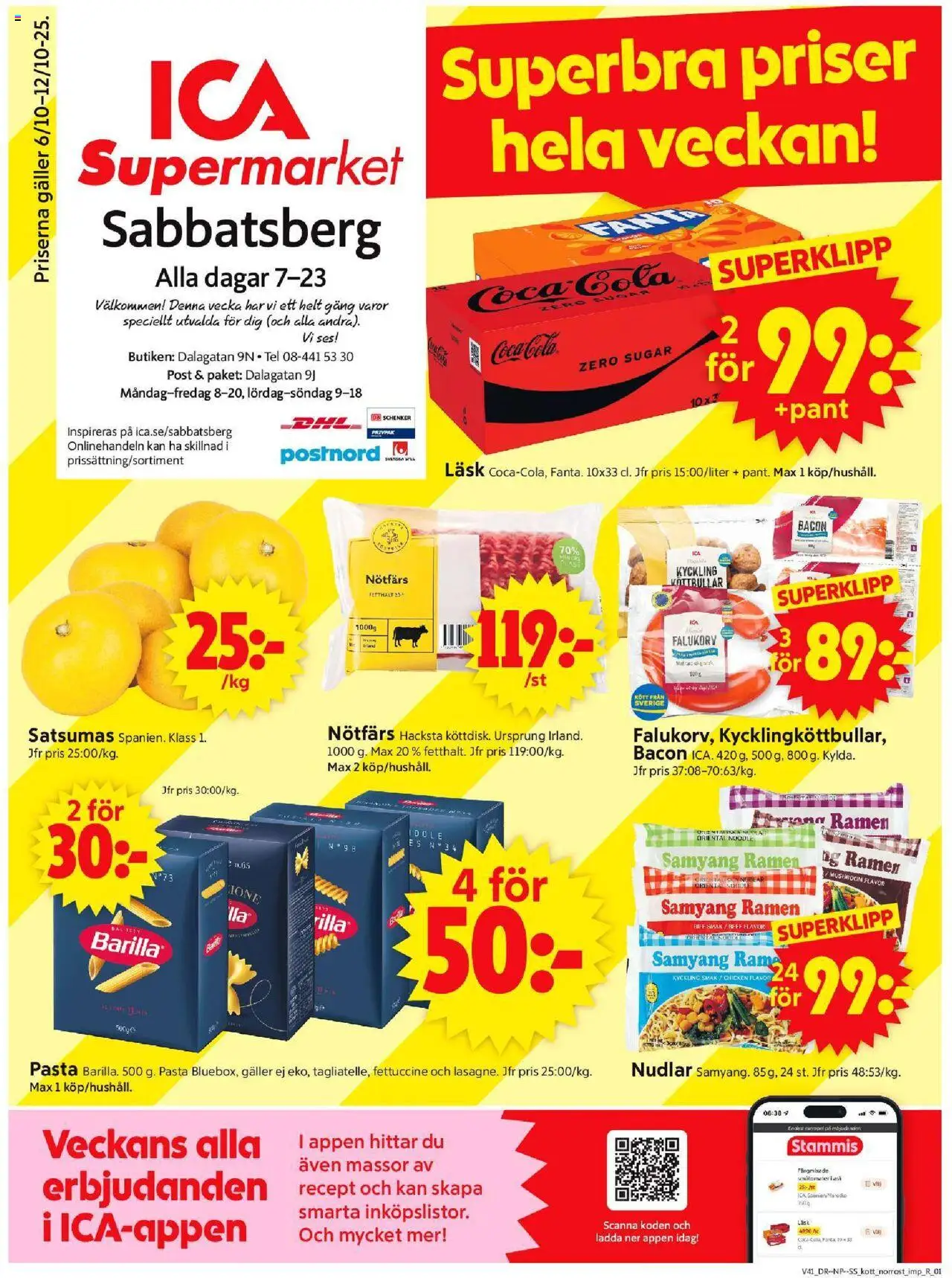 ICA Supermarket reklamblad aktuell från 06.10.2025 | Sida: 1 | Produkter: Köttbullar, Bacon, Nötfärs, Galler
