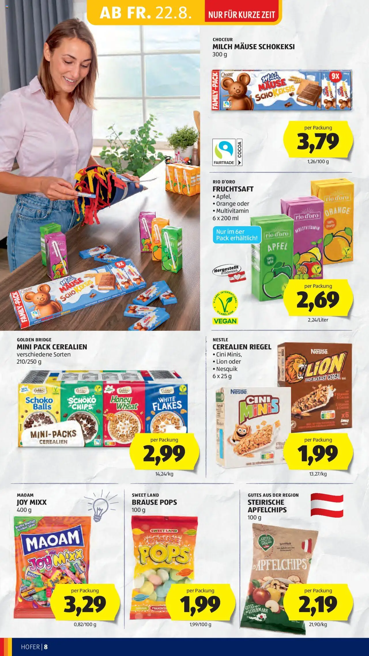 Hofer Flugblatt gültig ab 22.08.2025 | Seite: 10 | Produkte: Chips, Milch, Äpfel, Papier blanc