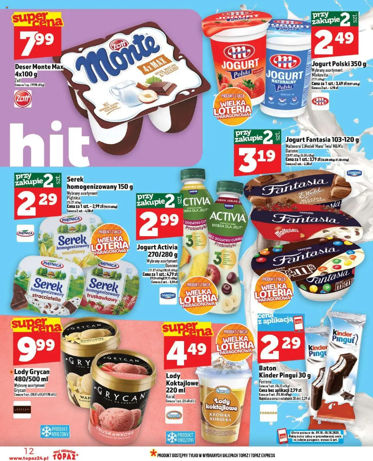 Topaz Gazetka od 09.10.2025 | Strona: 12 | Produkty: Serek homogenizowany, Krowka, Baton, Lody