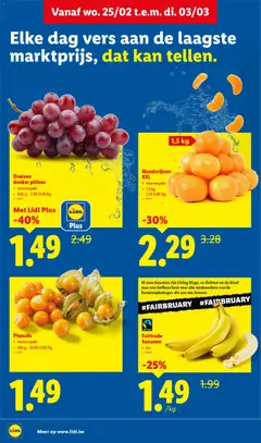 Fairtrade bananen, los - Voorbeeld van een folder van Lidl, geldig van 25.02.2026 | Pagina: 2 | Producten: Bananen, Mandarijnen, Druiven, Kan