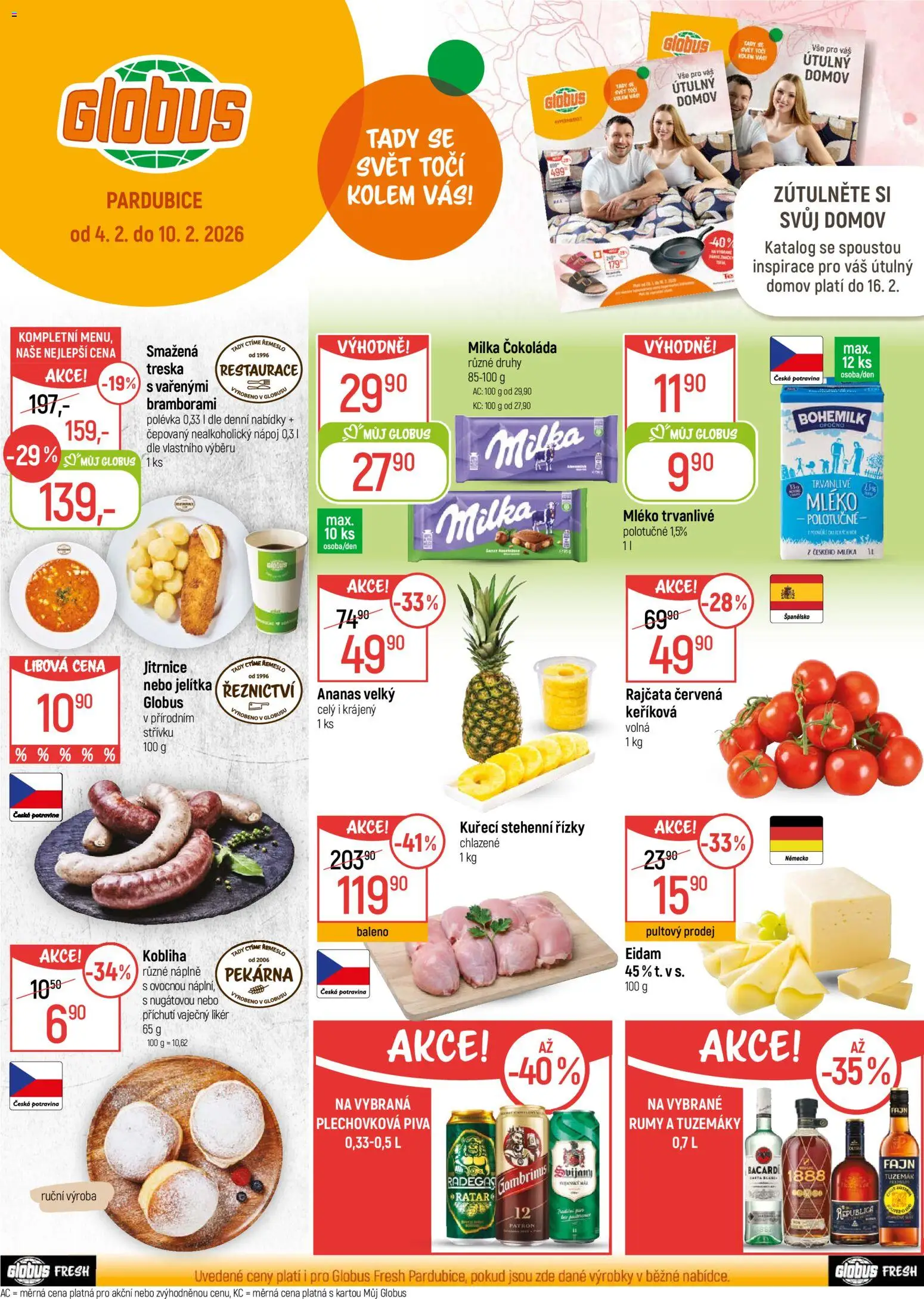 Globus leták - Pardubice od 04.02.2026 | Strana: 1 | Produkty: Treska, Rajčata, Likér, Stehenní řízky