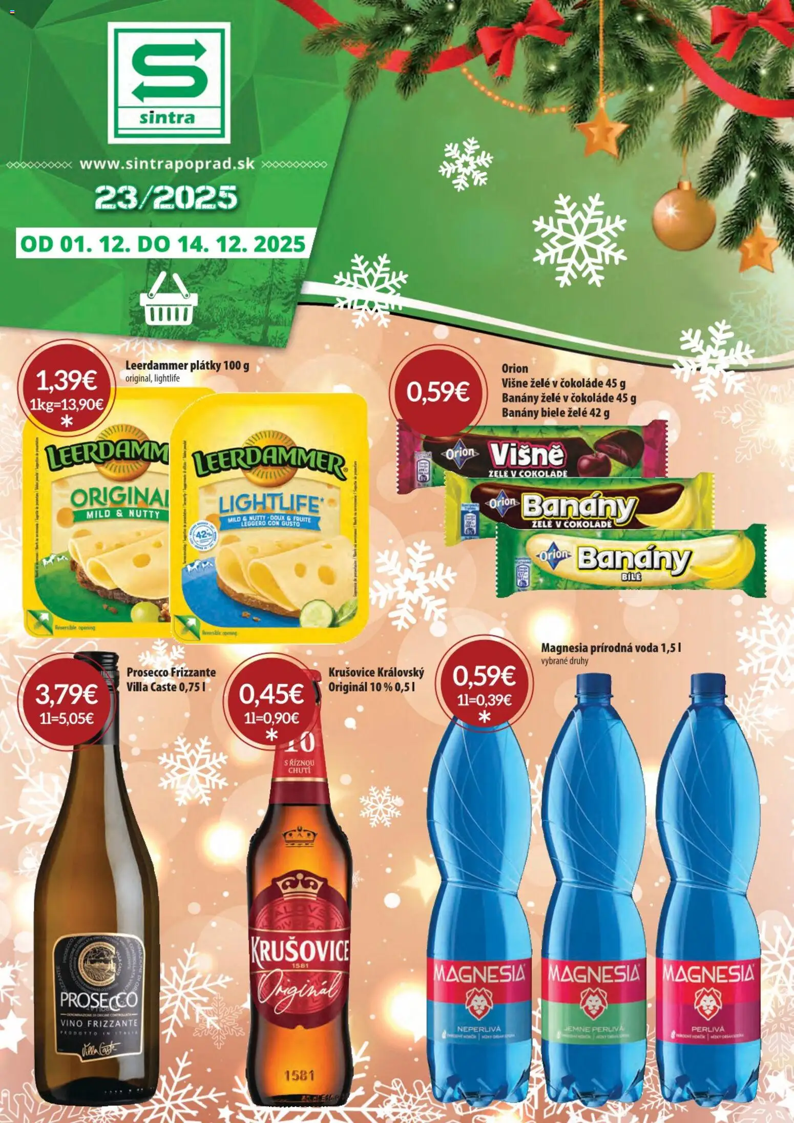 Nové Sintra akcie – leták je platný od 01.12.2025 | Strana: 1 | Produkty: Banány, Prosecco, Magnesia, Voda