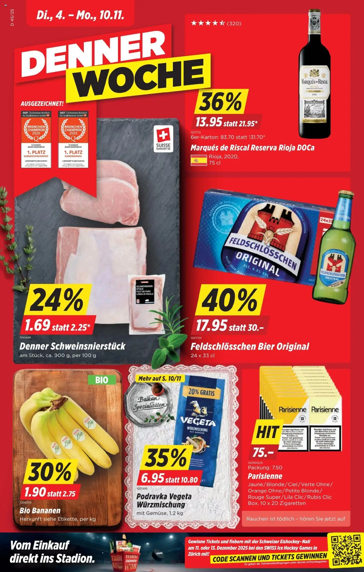 Denner Aktionen – gültig ab 04.11.2025 | Seite: 1 | Produkte: Rouge, Bier, Bananen, Gemüse