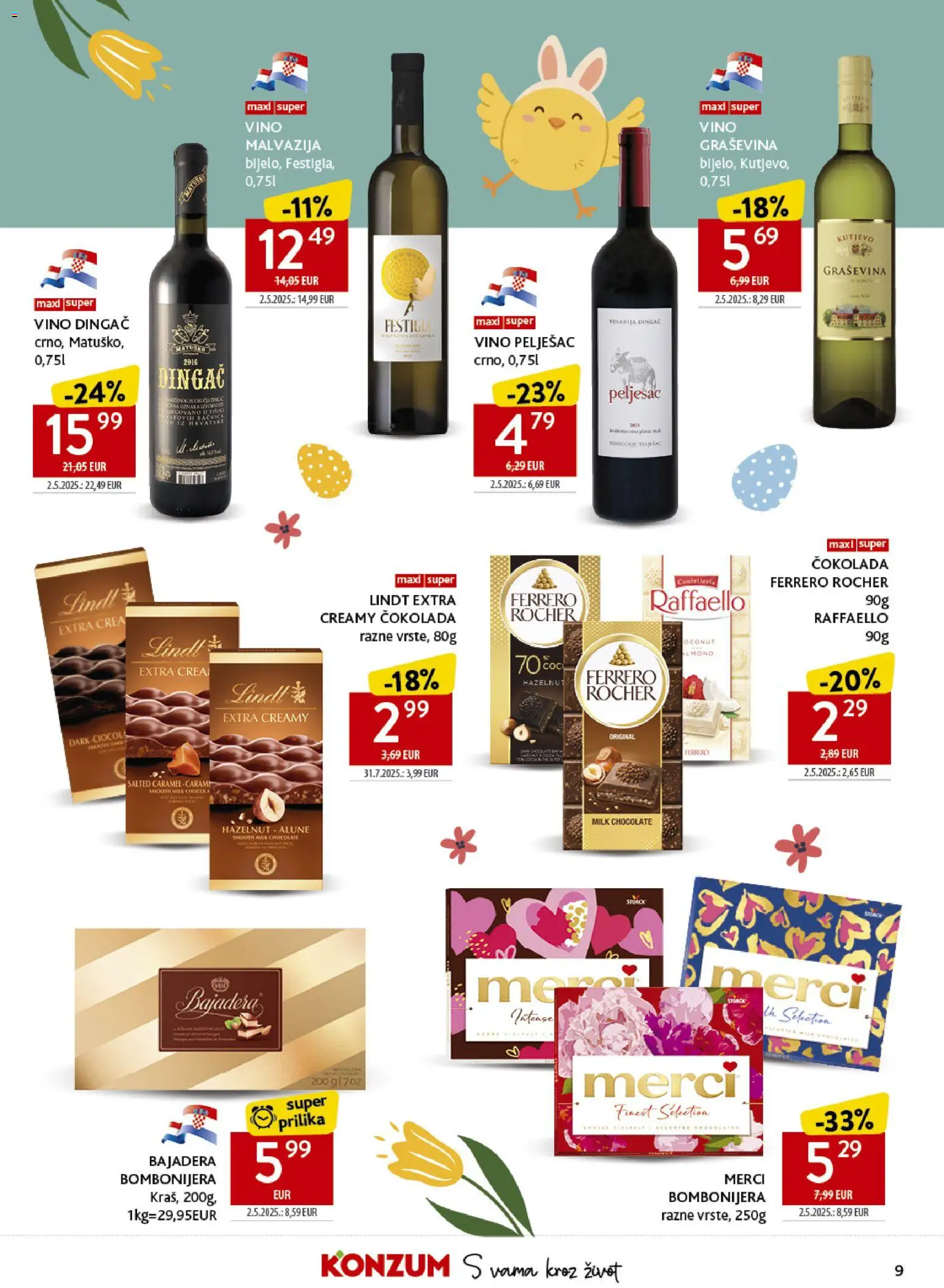 Konzum katalog | vrijedi od 25.03.2026 | Stranica: 9 | Proizvodi: Čokolada, Vino, Merci, Raffaello