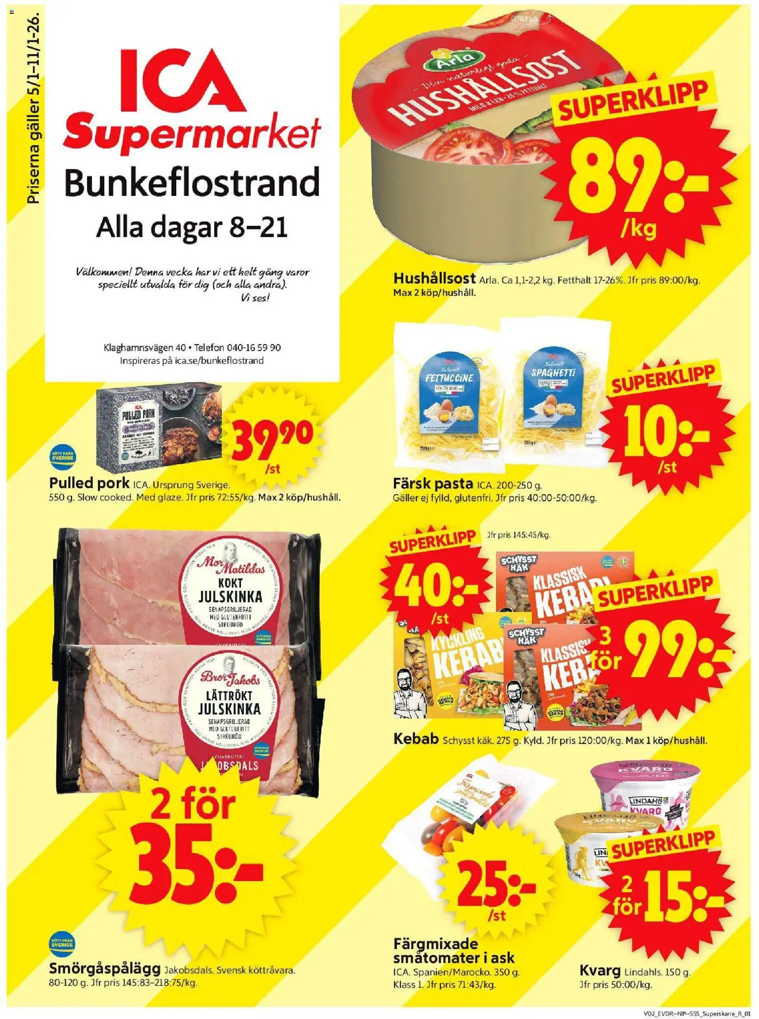 ICA Supermarket reklamblad aktuell från 05.01.2026 | Sida: 1 | Produkter: Galler, Spaghetti, Pasta, Telefon
