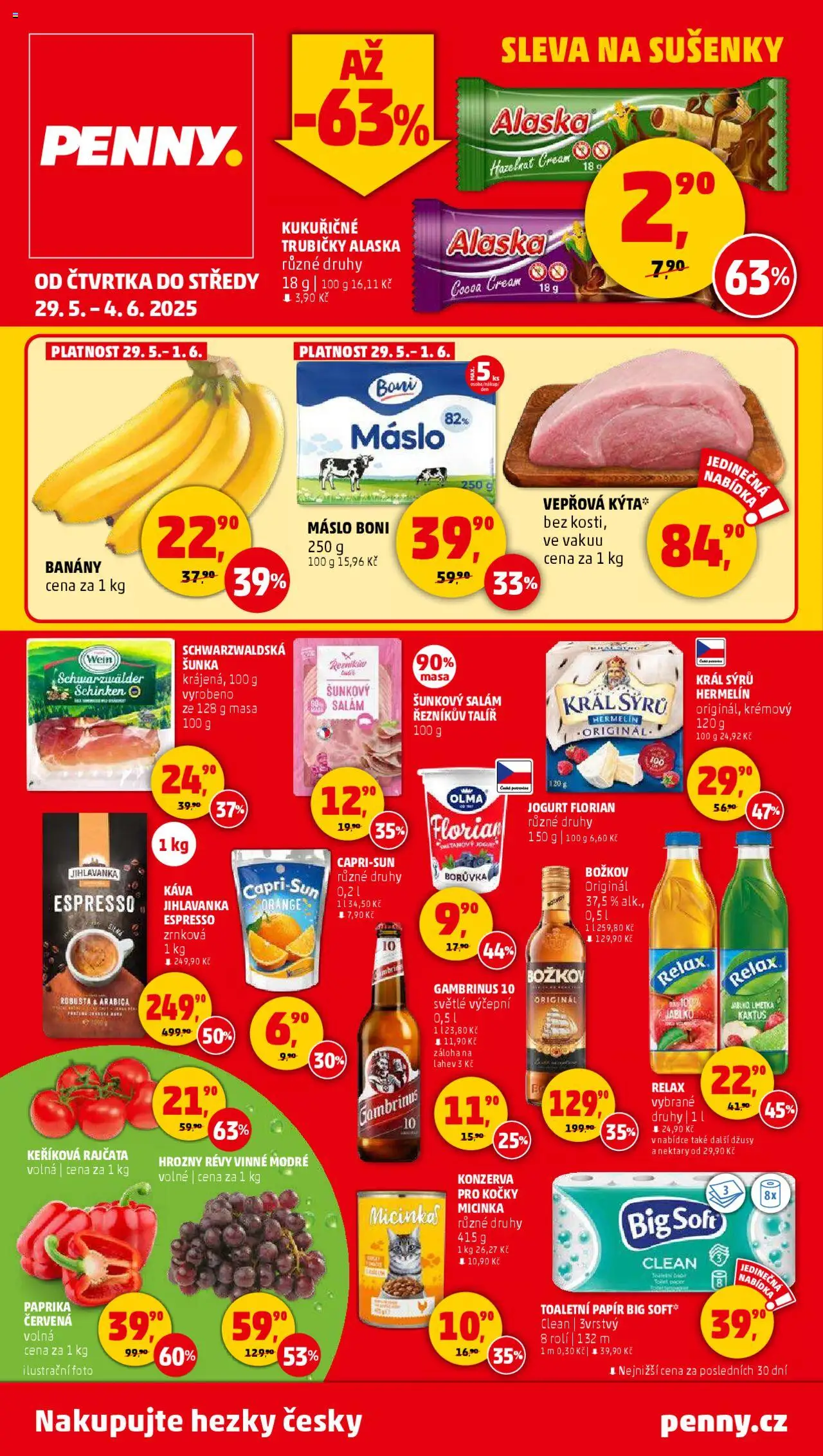 Penny Market leták - Čtvrtečník od 29.05.2025 | Strana: 1 | Produkty: Schwarzwaldská šunka, Banány, Šunkový salám, Vepřová Kýta