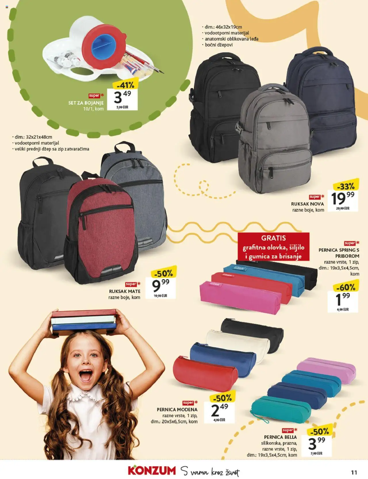 Konzum katalog | vrijedi od 18.08.2025 | Stranica: 11 | Proizvodi: Pernica, Šiljilo, Čaše, Ruksak
