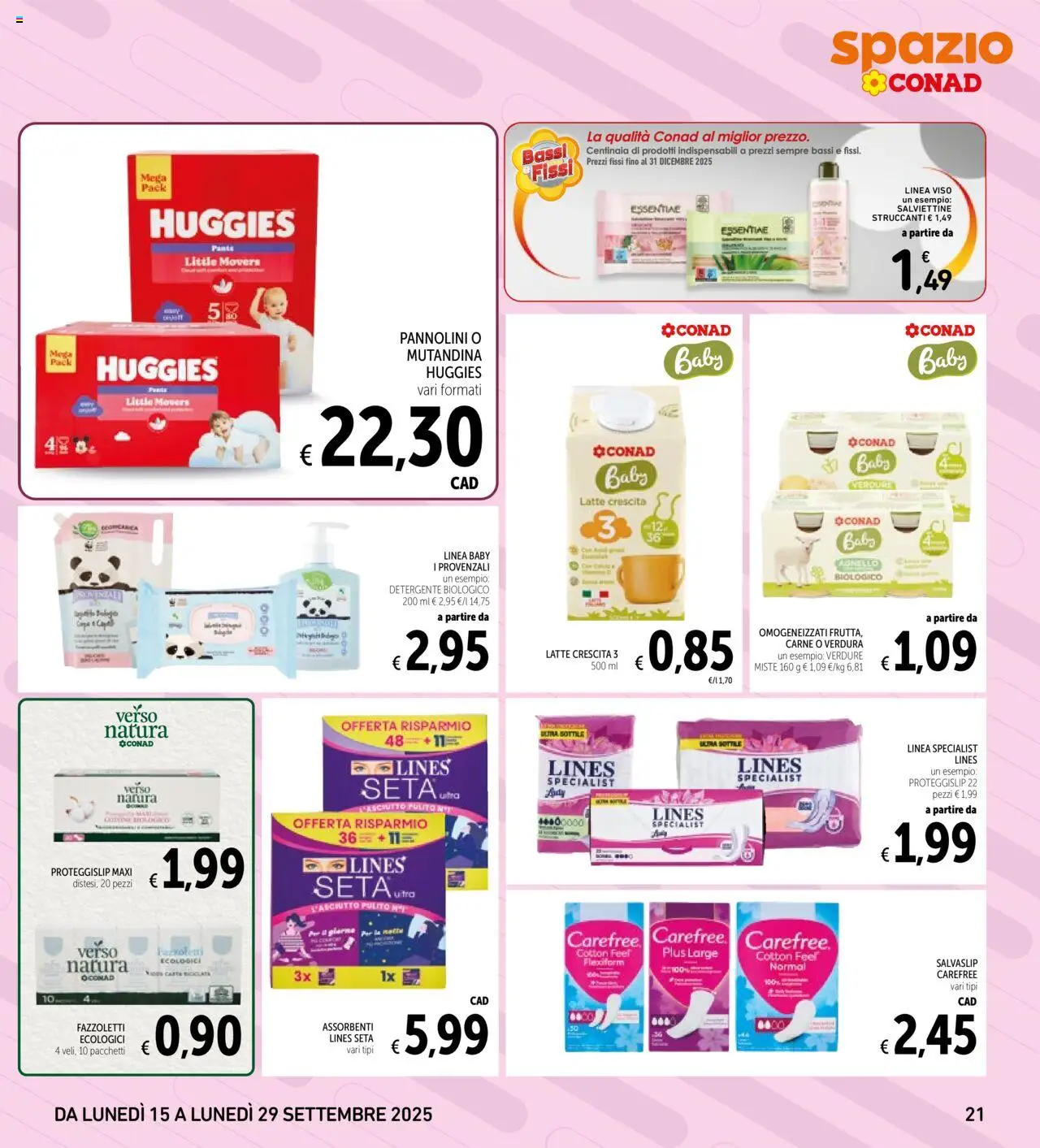 Volantino Spazio Conad del 15.09.2025 | Pagina: 21 | Prodotti: Pannolini, Detergente, Fazzoletti, Latte