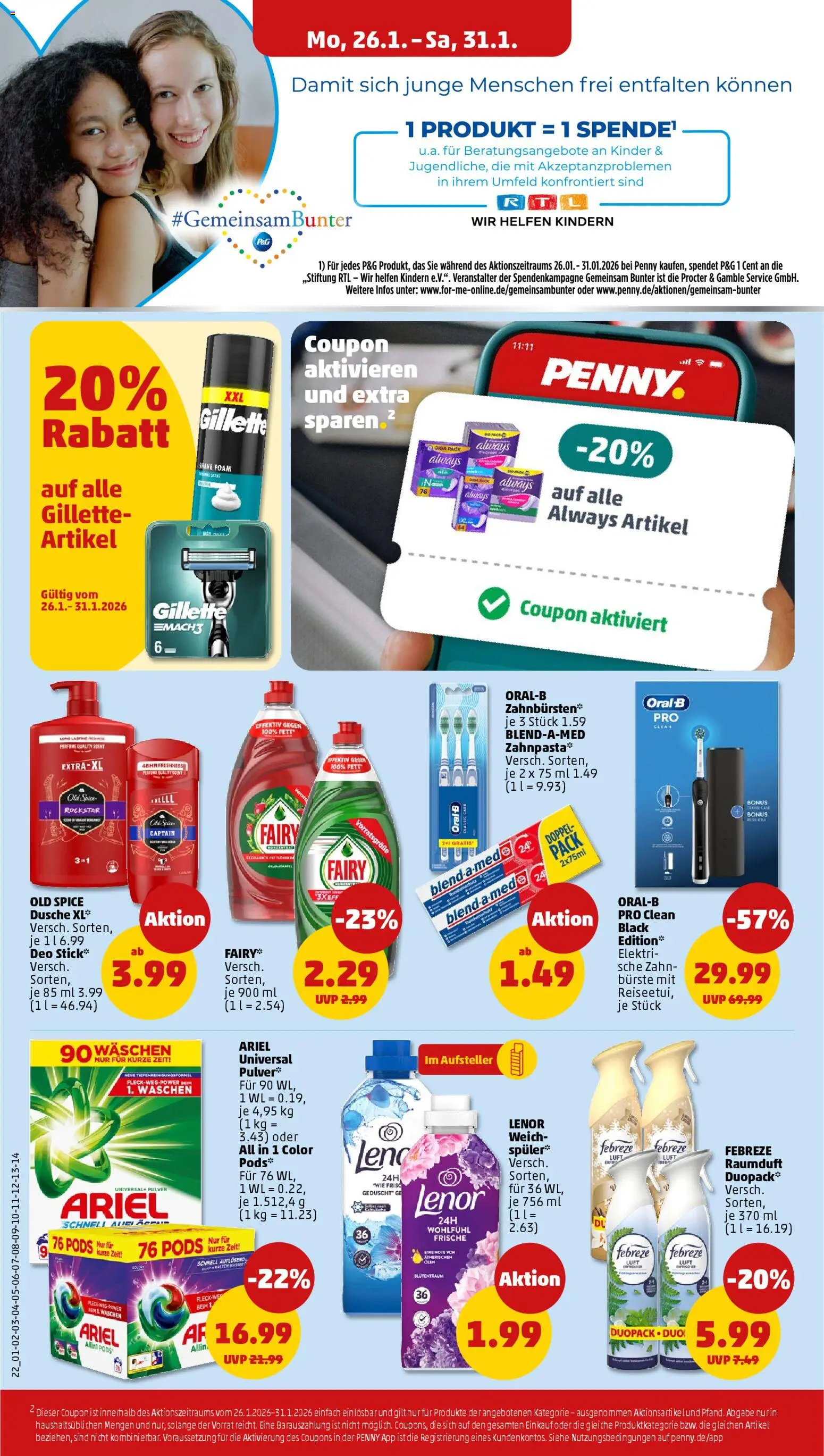 Penny Prospekt 	 – gültig ab 26.01.2026 | Seite: 24 | Produkte: Ariel, Bürste, Zahnpasta, Deo Stick