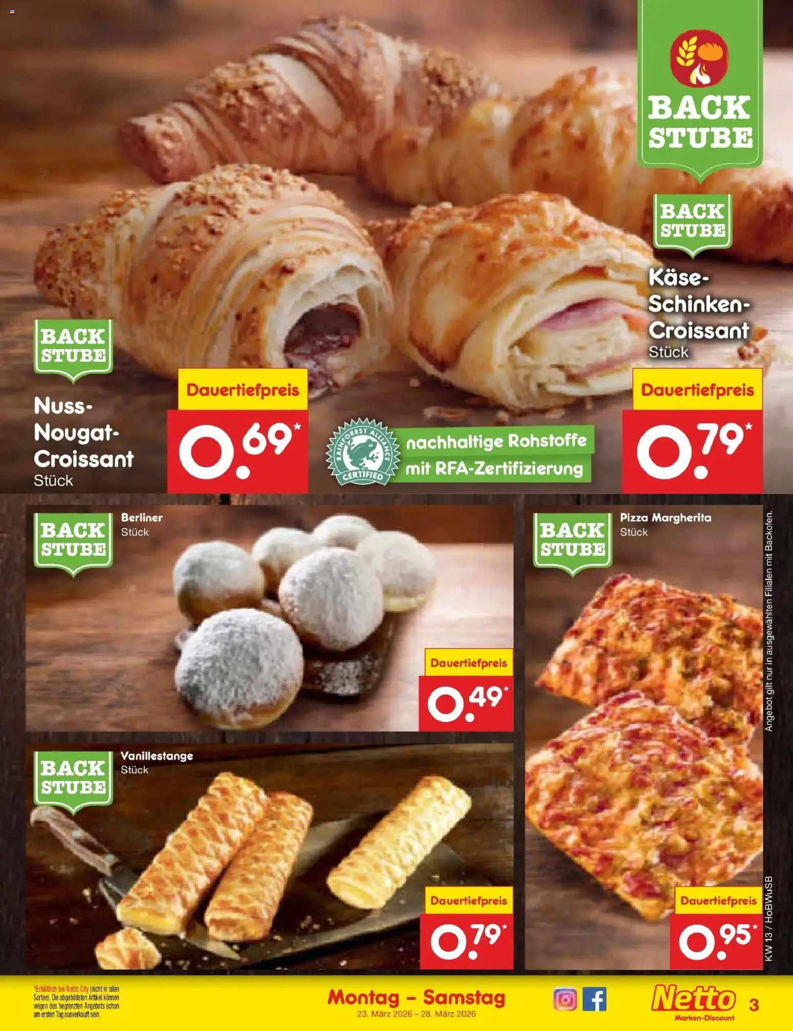 Netto Marken-Discount Prospekt Stemwede-Dielingen	 – gültig ab 23.03.2026 | Seite: 29 | Produkte: Berliner, Croissant, Schinken, Pizza