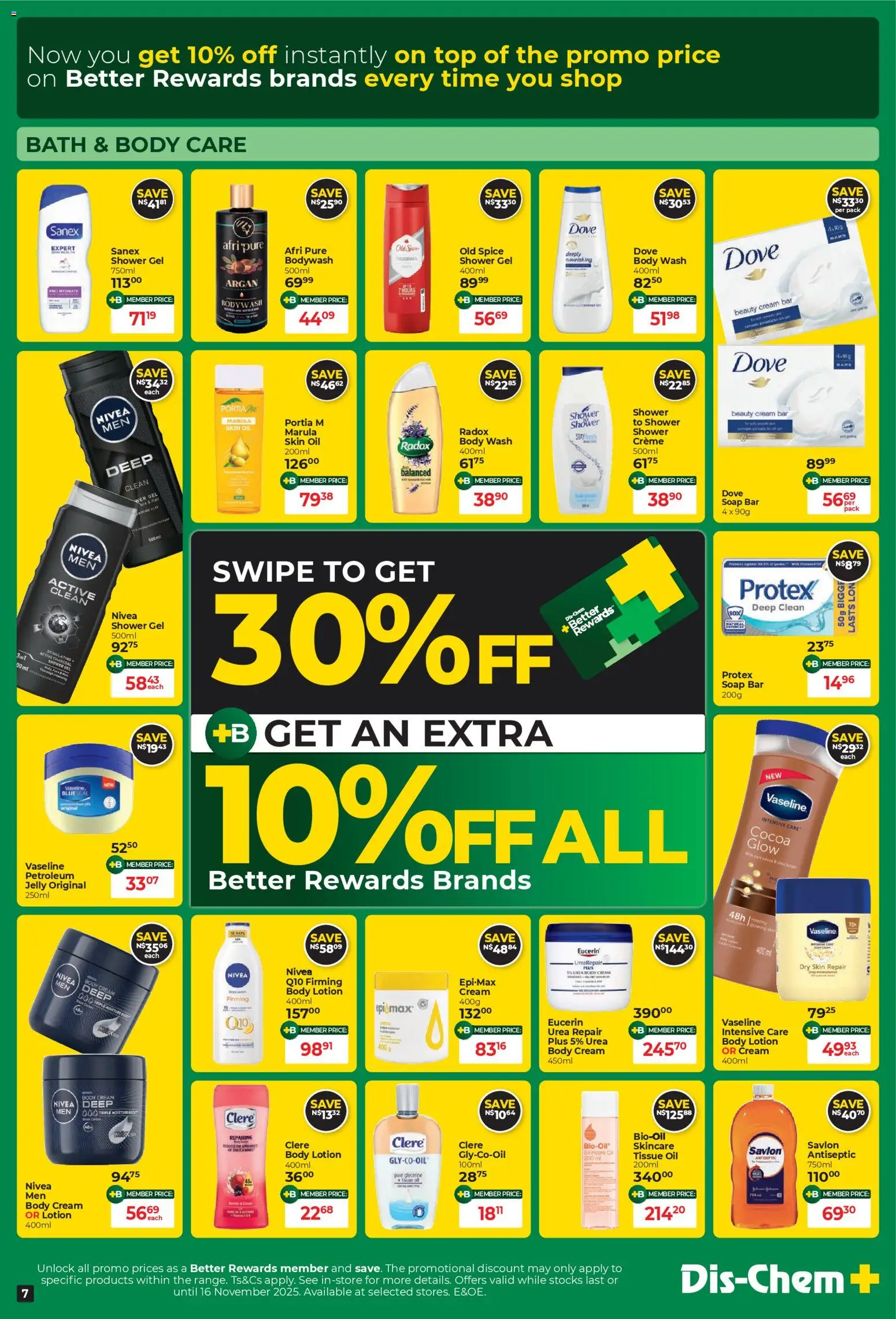 New Dis-Chem catalogue – valid from 21.10.2025 | Page: 7 | Products: Oil, Cream, Shower gel, Lotion