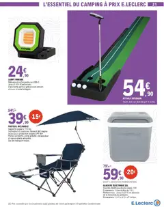 E.Leclerc - Prévisualisation de FAUTEUIL INCLINABLE, Supporte jusqu'à 113 KG. Inclinable à 3 positions. Parasol 360 degrès inclus pour protection solaire UPF 50+. Poche isotherme, porte gobelet, décapsuleur et repose-pieds amovible. Sac de transport inclus. valide à partir de 21.04.2026 | Page: 21 | Produits: Glacière électrique, Sac de transport, Porte, Fauteuil