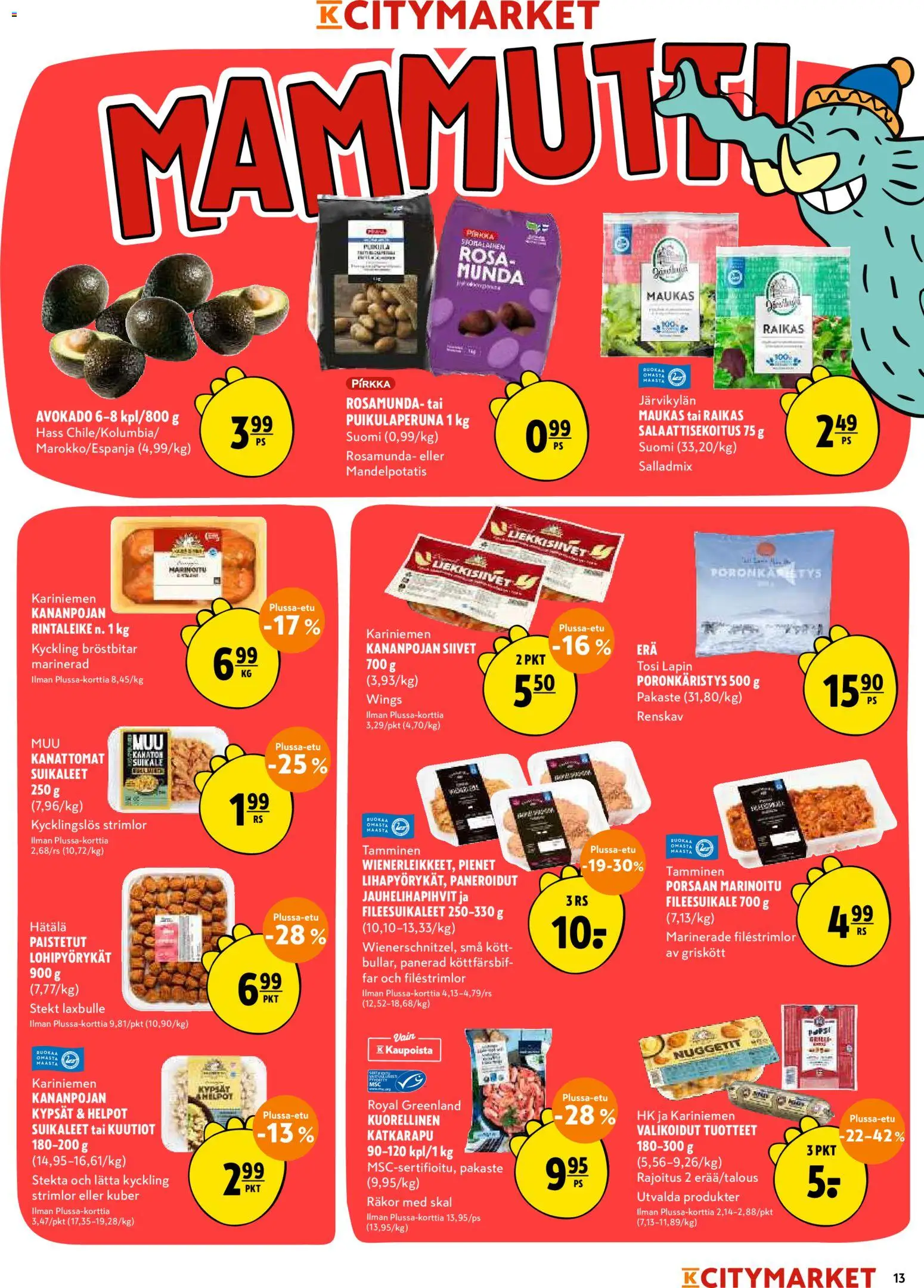 K-Citymarket tarjoukset – voimassa 19.03.2026 alkaen | Sivu: 13 | Tuotteet: Katkarapu, Avokado