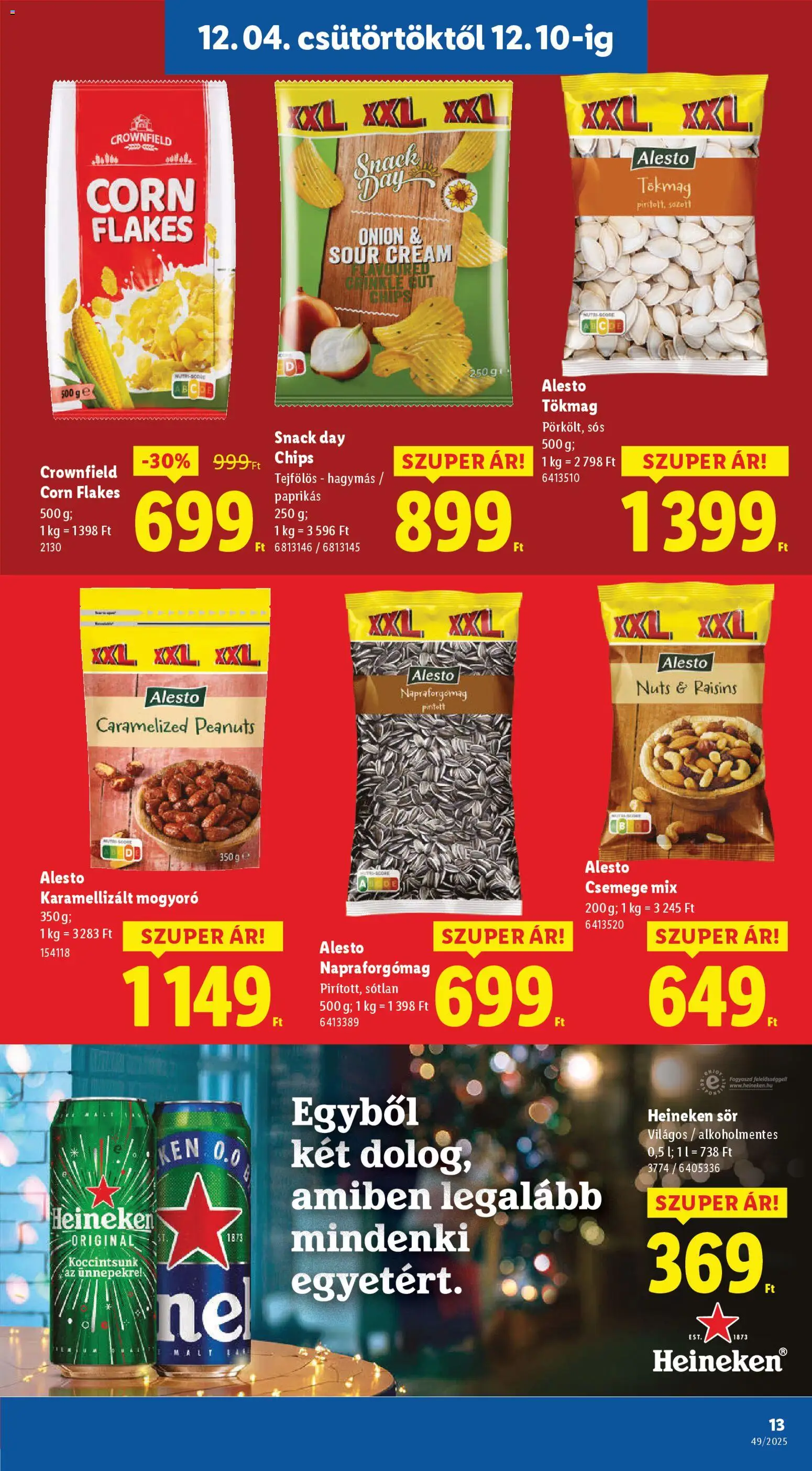 Lidl akciós ujság - amely érvényes a következő dátumtól: 04.12.2025 | Oldal: 13 | Termékek: Tökmag, Napraforgómag, Mogyoró, Sör