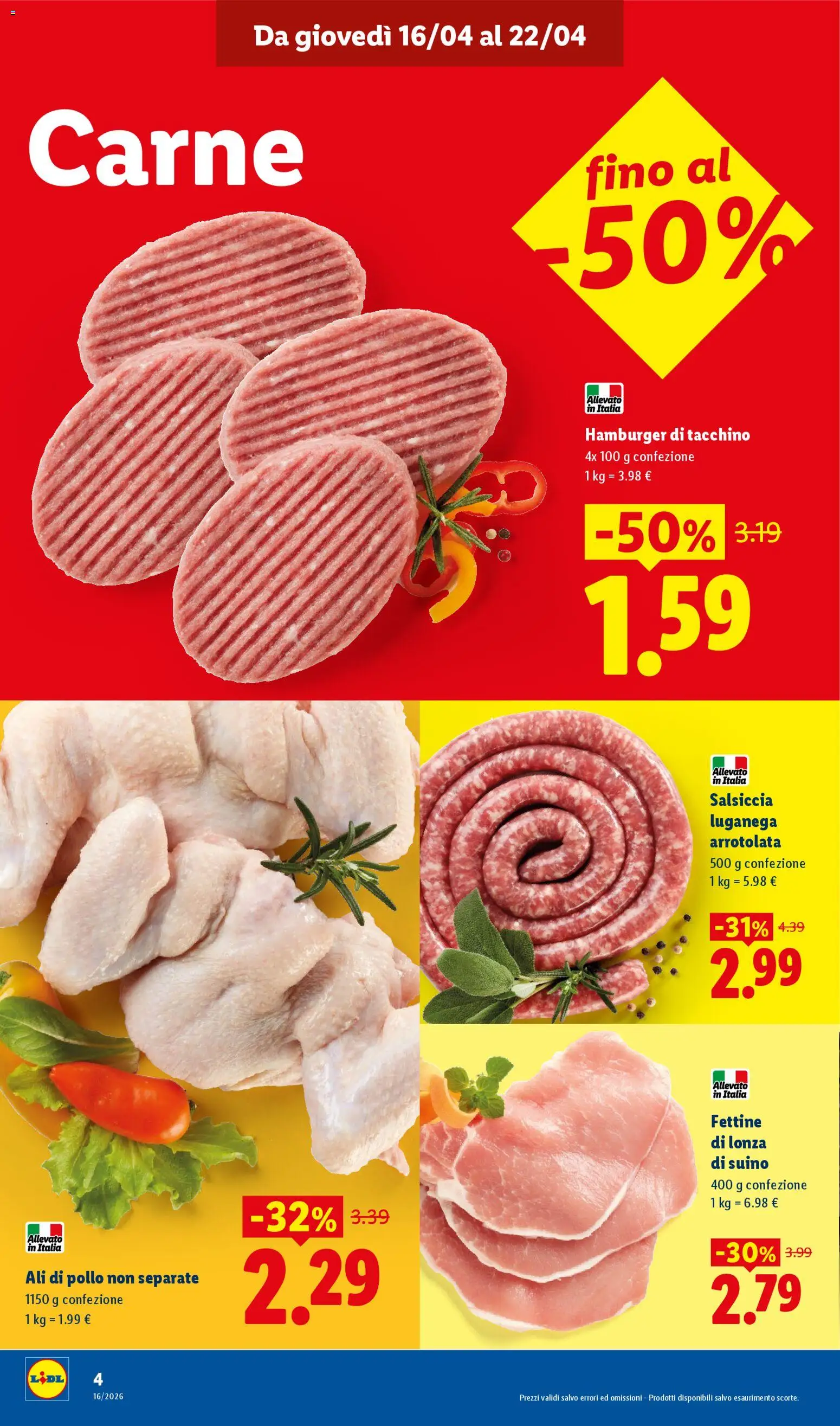 Volantino Lidl del 16.04.2026 | Pagina: 4 | Prodotti: Pollo, Suino, Salsiccia, Hamburger