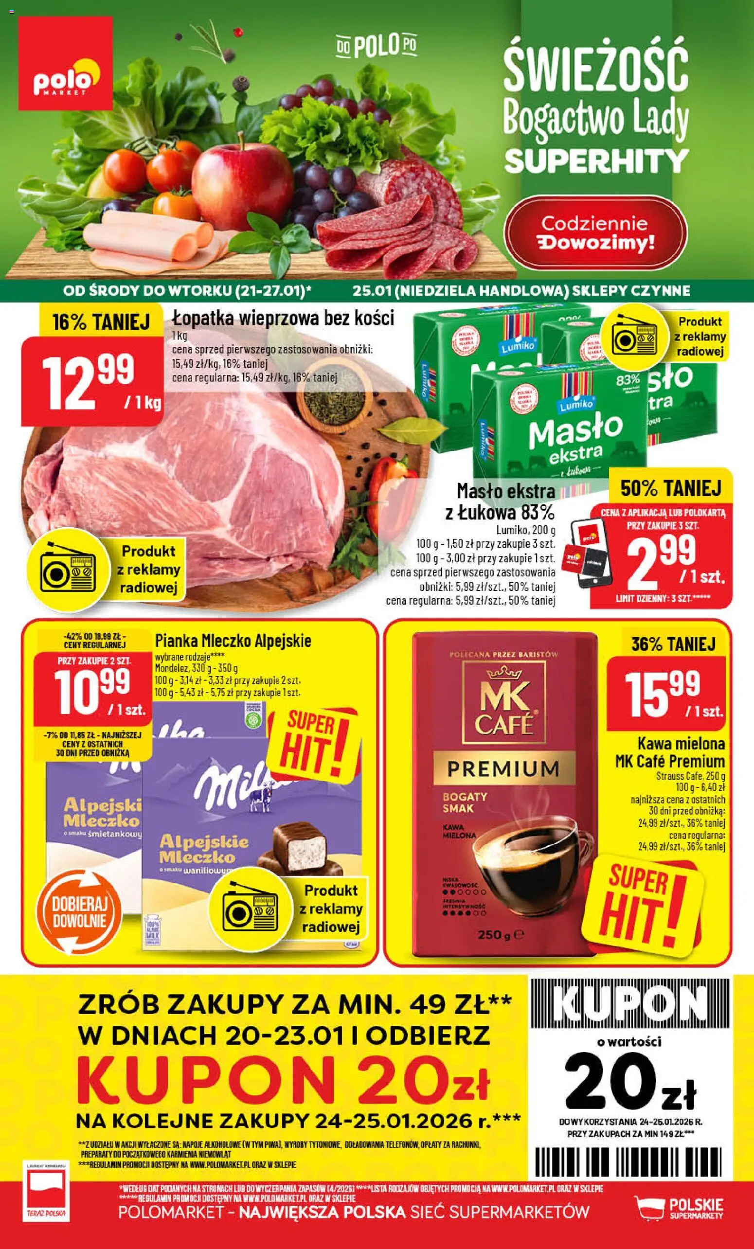 POLOmarket Gazetka od 21.01.2026 | Strona: 1 | Produkty: Napoje, Łopatka wieprzowa, Masło, Kawa