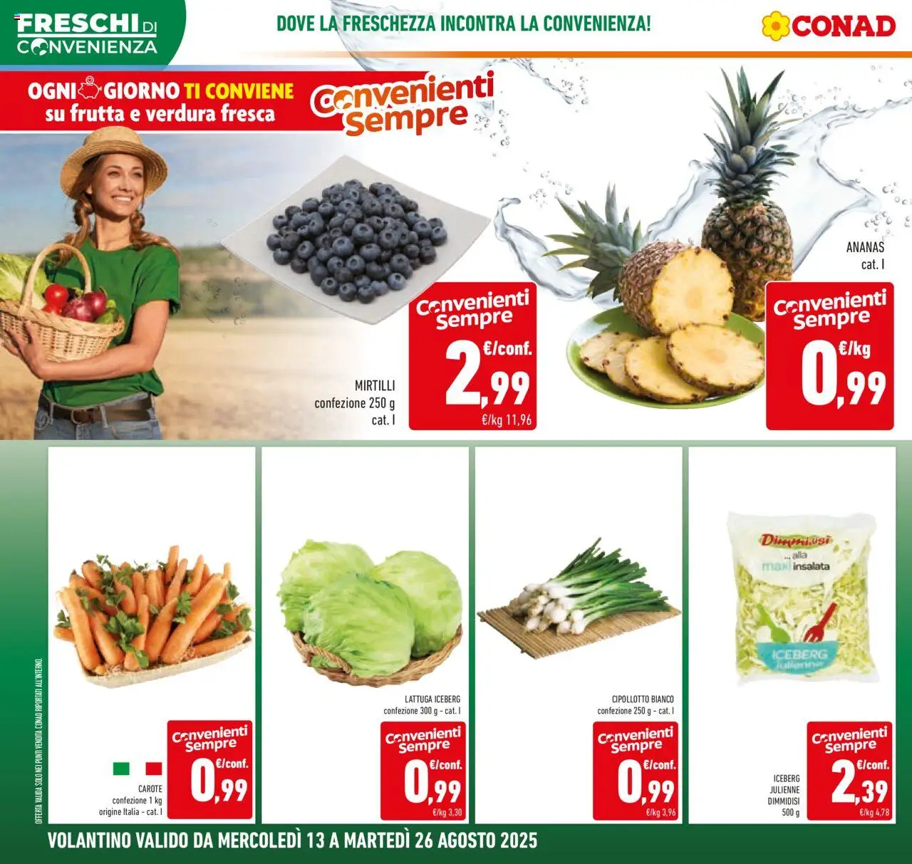 Volantino Conad del 13.08.2025 | Pagina: 2 | Prodotti: Frutta, Carote, Mirtilli, Lattuga