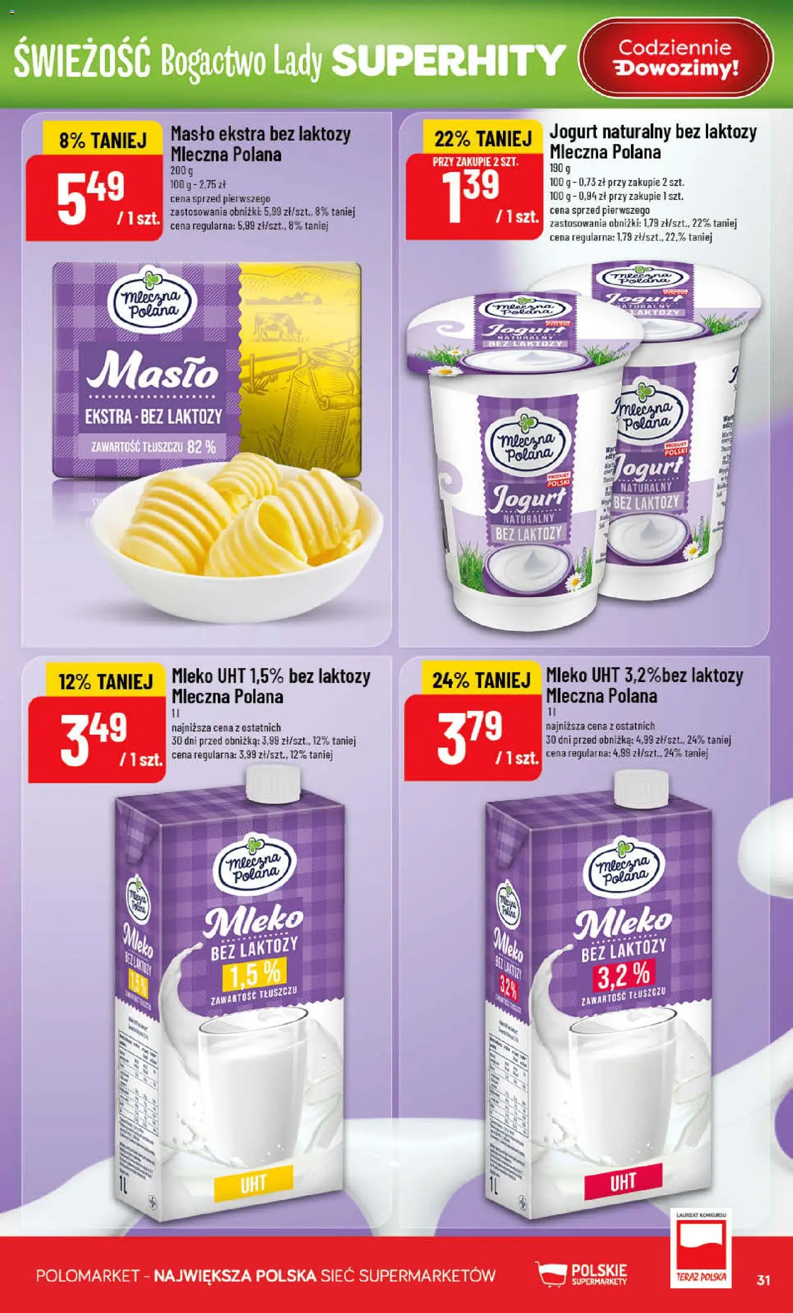 POLOmarket gazetka od 08.04.2026 | Strona: 31 | Produkty: Masło bez laktozy, Jogurt naturalny, Mleko, Masło