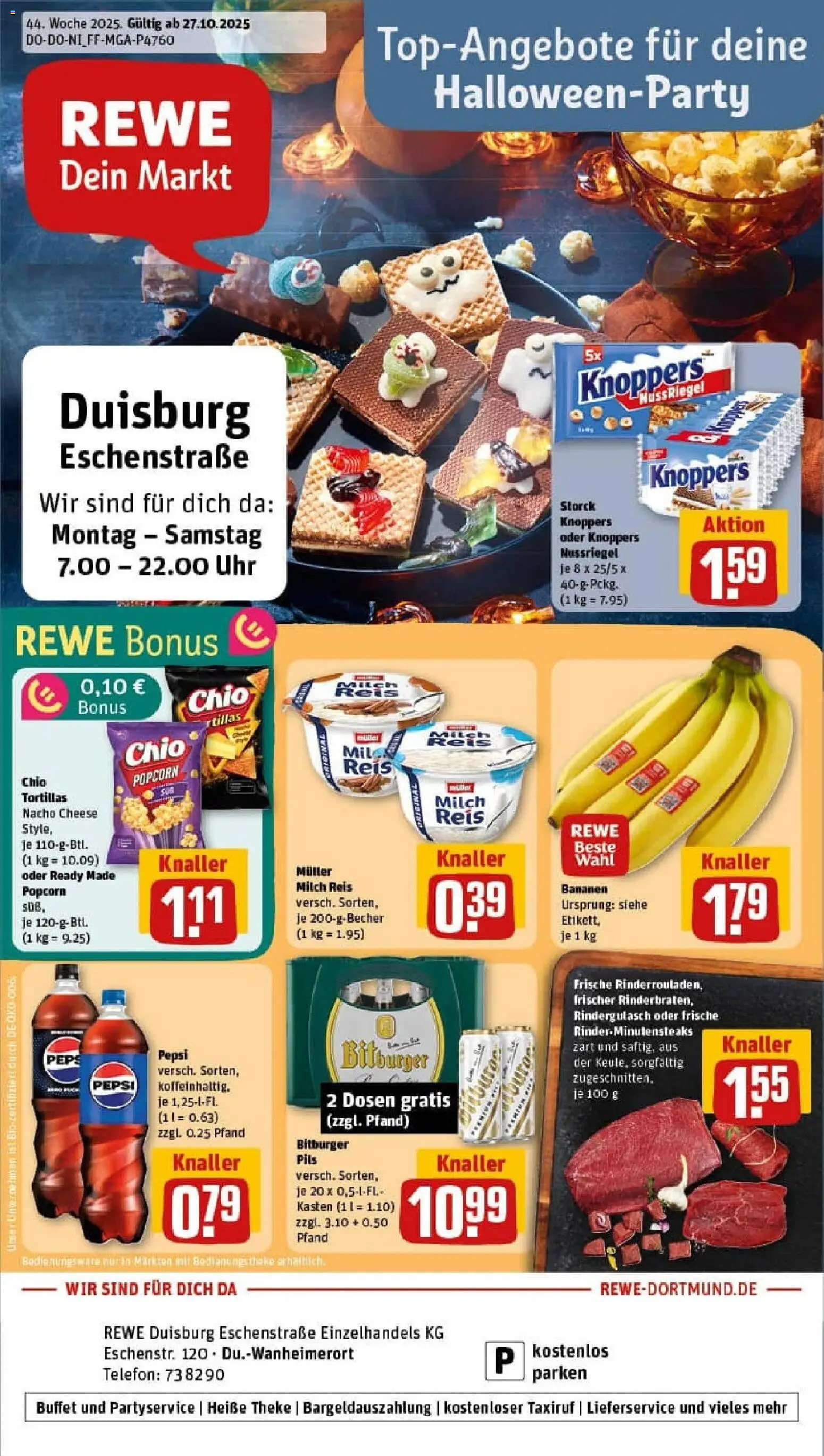 Rewe prospekt Duisburg	 – gültig ab 26.10.2025 | Seite: 1 | Produkte: Bitburger, Rindergulasch, Pepsi, Telefon