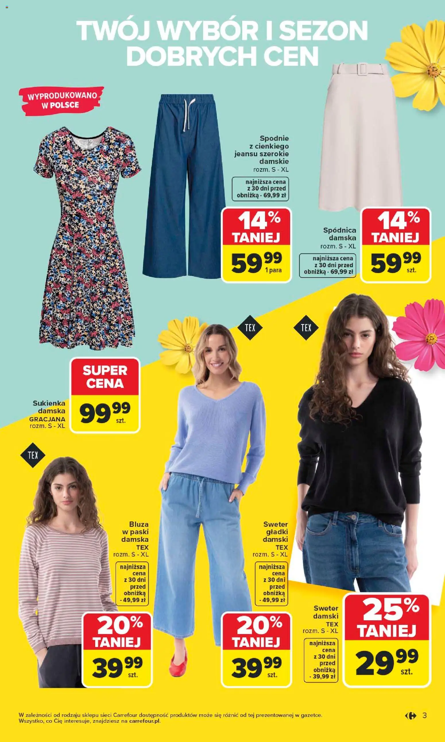 Carrefour gazetka - TEX na spotkanie z wiosną od 07.04.2026 | Strona: 3 | Produkty: Sweter, Spodnie, Sukienka