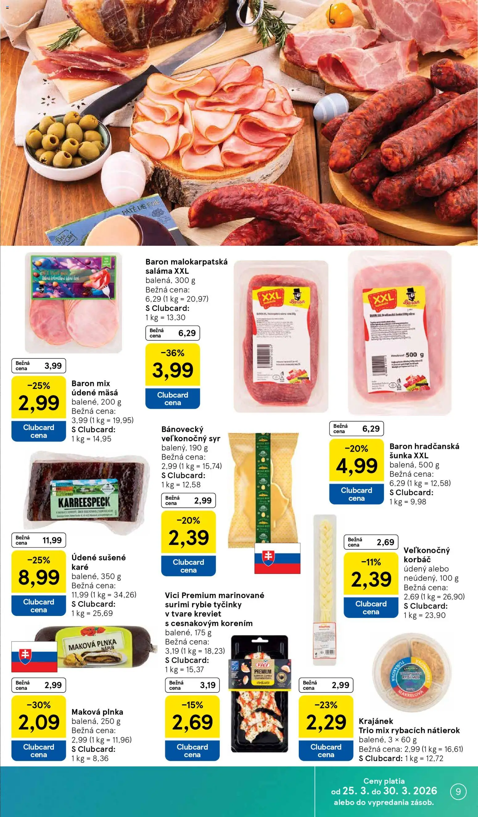 Nové Tesco akcie – leták je platný od 25.03.2026 | Strana: 9 | Produkty: Syr, Saláma, Šunka