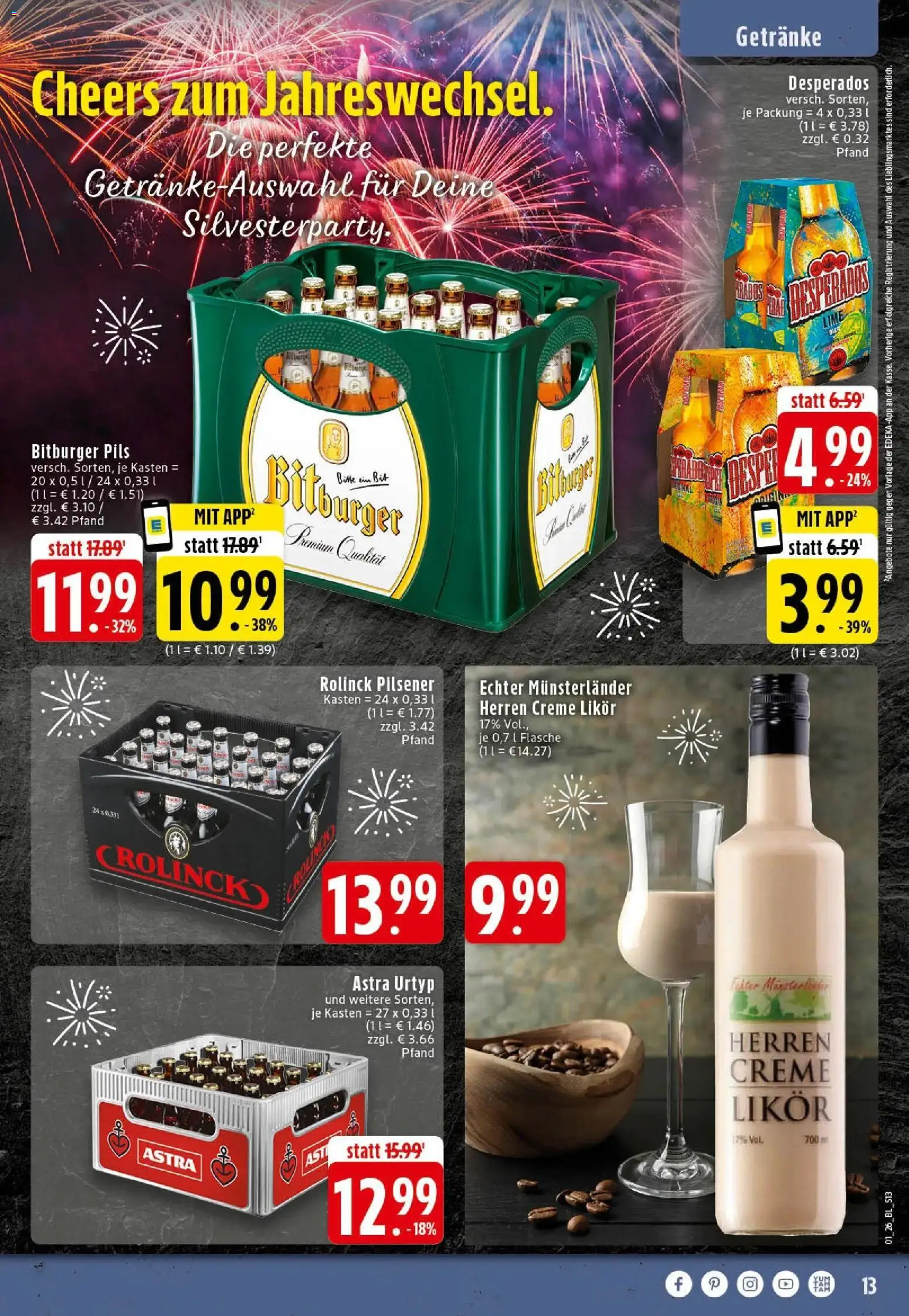 Edeka prospekt Mettingen	 – gültig ab 28.12.2025 | Seite: 13 | Produkte: Likör, Pils, Creme, Desperados
