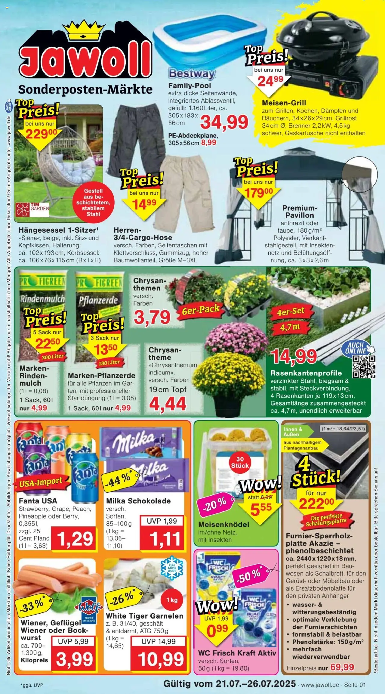 Jawoll Prospekt - gültig ab dem 21.07.2025 | Seite: 1 | Produkte: Rindenmulch, Pflanzerde, Milka schokolade, Wurst