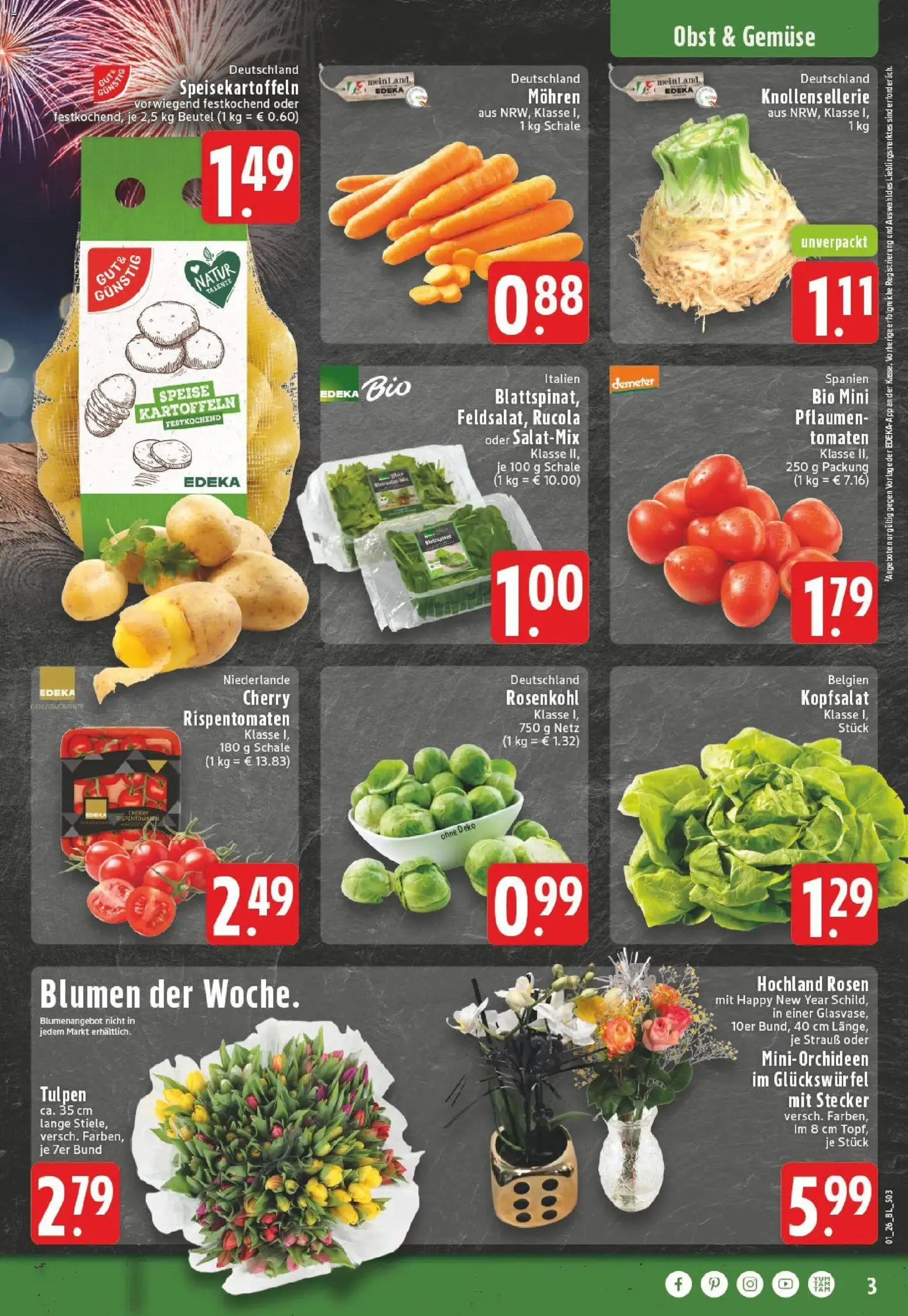 Edeka prospekt Meerbusch	 – gültig ab 28.12.2025 | Seite: 3 | Produkte: Pflaumen, Rucola, Blumen, Kartoffeln