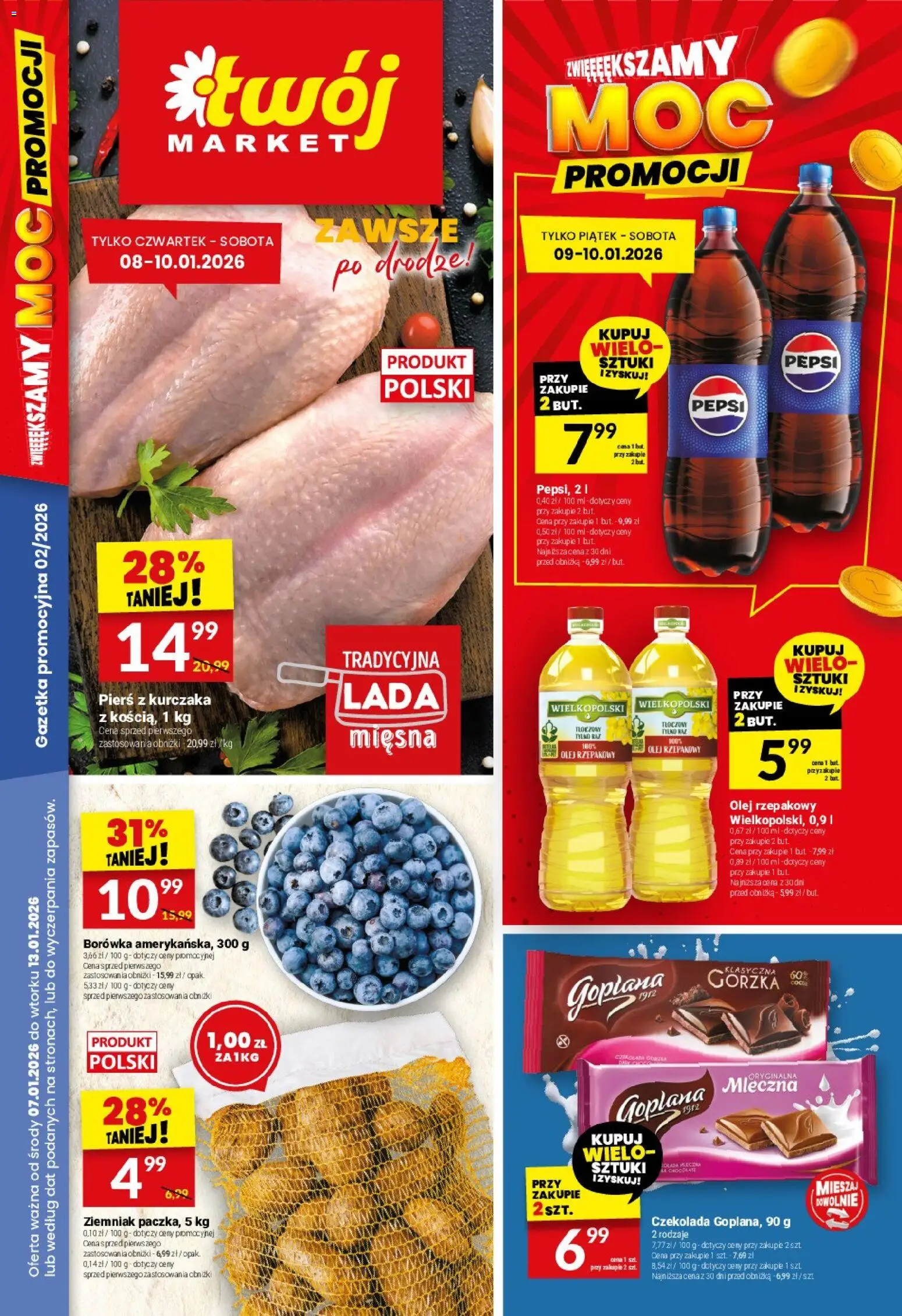 Twój Market Gazetka od 07.01.2026 | Strona: 1 | Produkty: Pierś z kurczaka, Pepsi, Olej, Czekolada