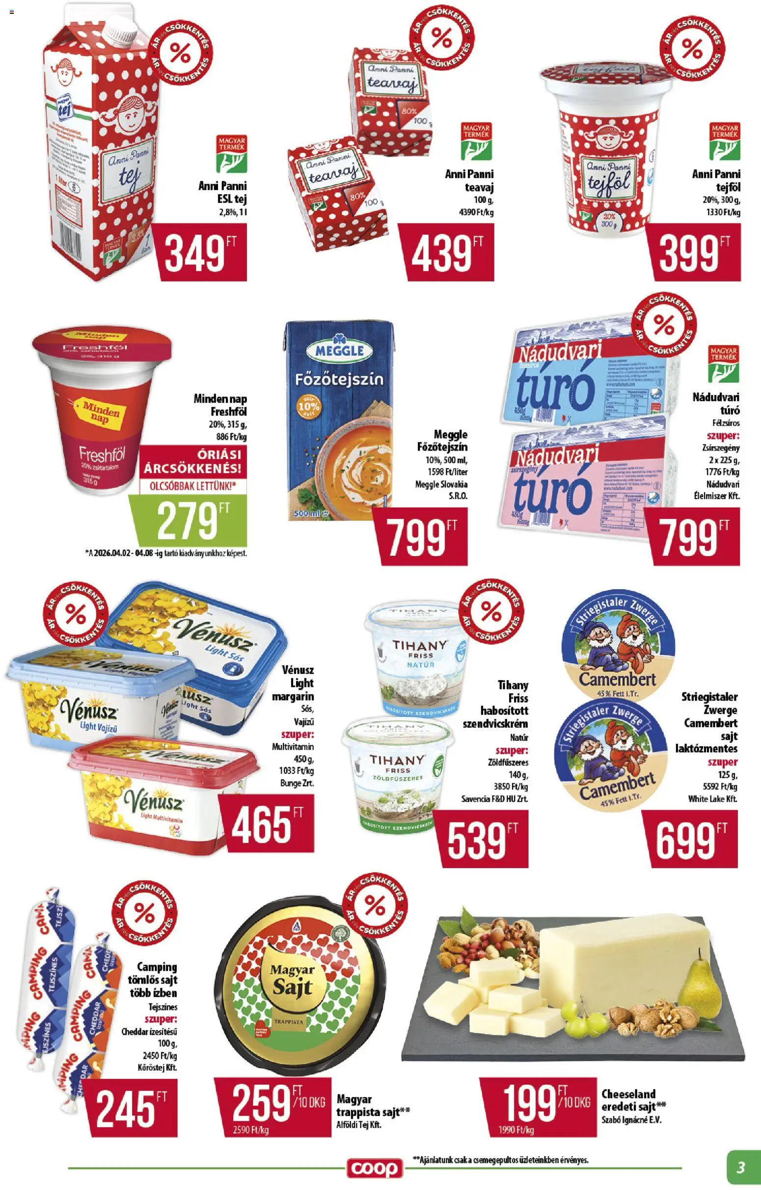 COOP akciós ujság - amely érvényes a következő dátumtól: 23.04.2026 | Oldal: 3 | Termékek: Szendvicskrém, Teavaj, Sajt, Cheddar