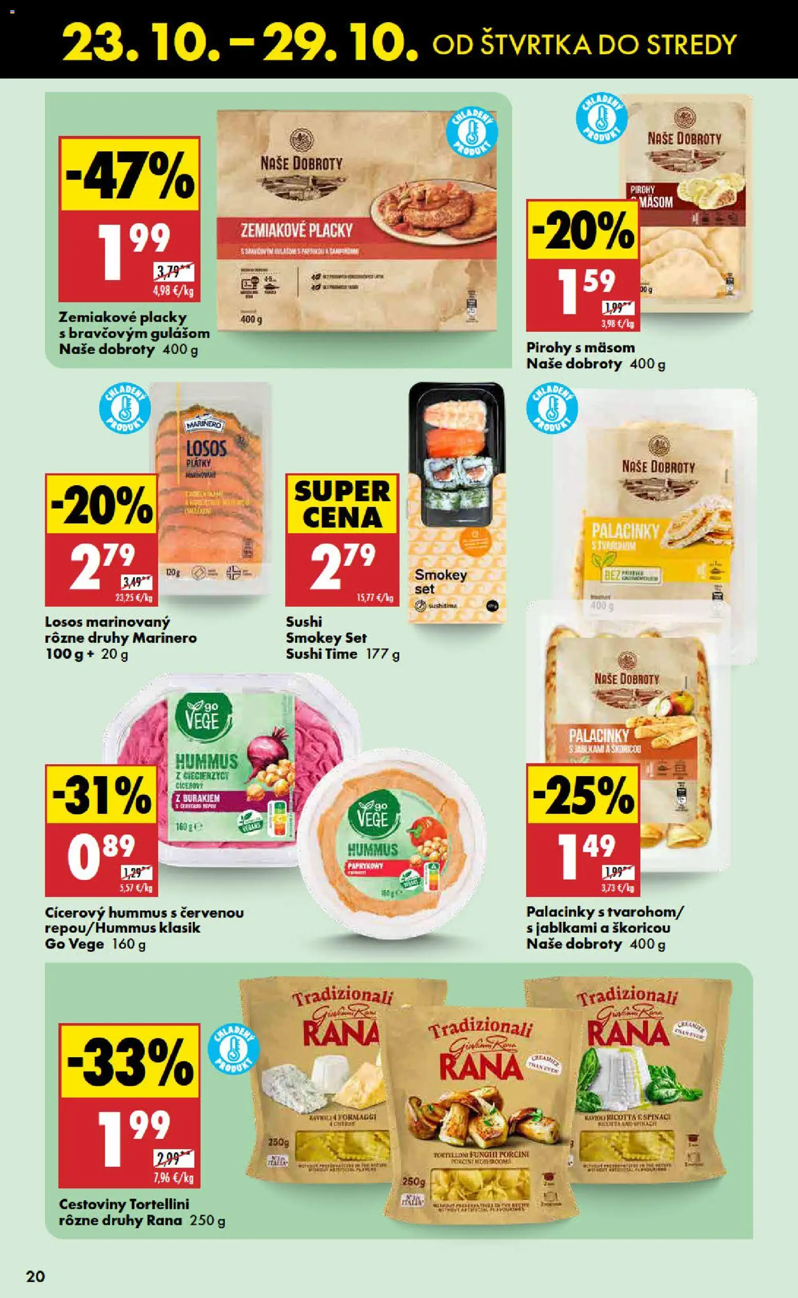 Nové Biedronka akcie – leták je platný od 23.10.2025 | Strana: 20 | Produkty: Pirohy, Cestoviny, Losos, Sushi