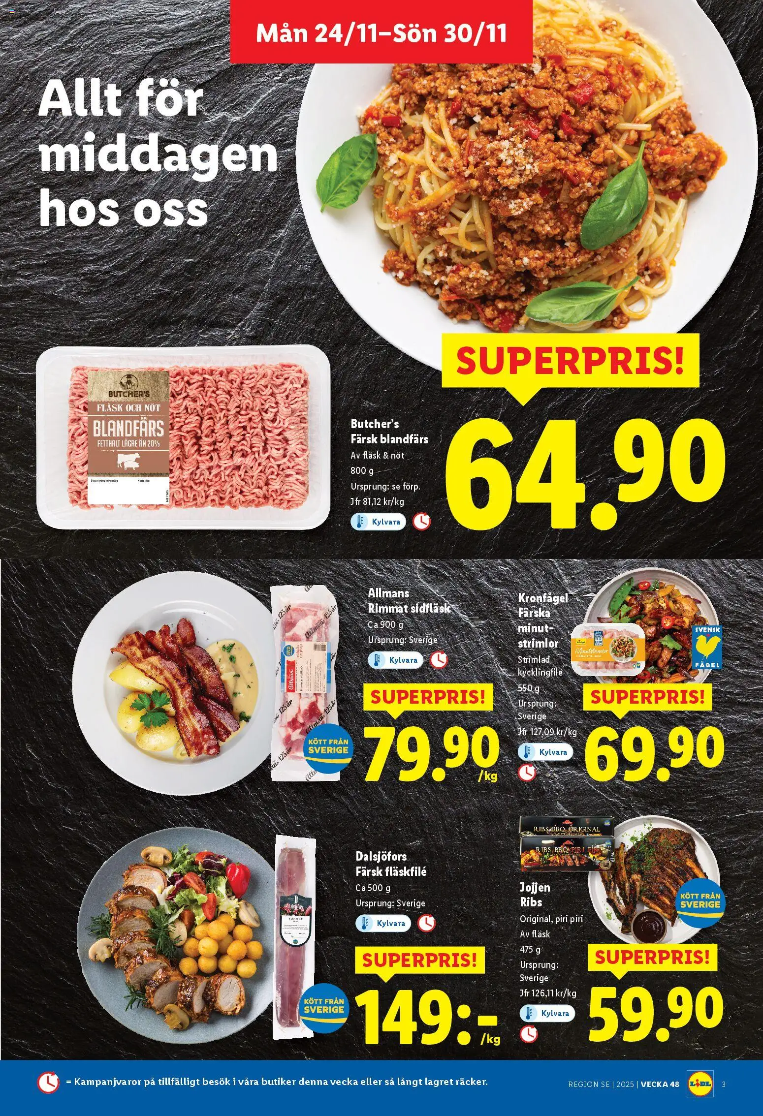 Lidl reklamblad aktuell från 24.11.2025 | Sida: 3 | Produkter: Kycklingfile, Blandfärs, Fläsk