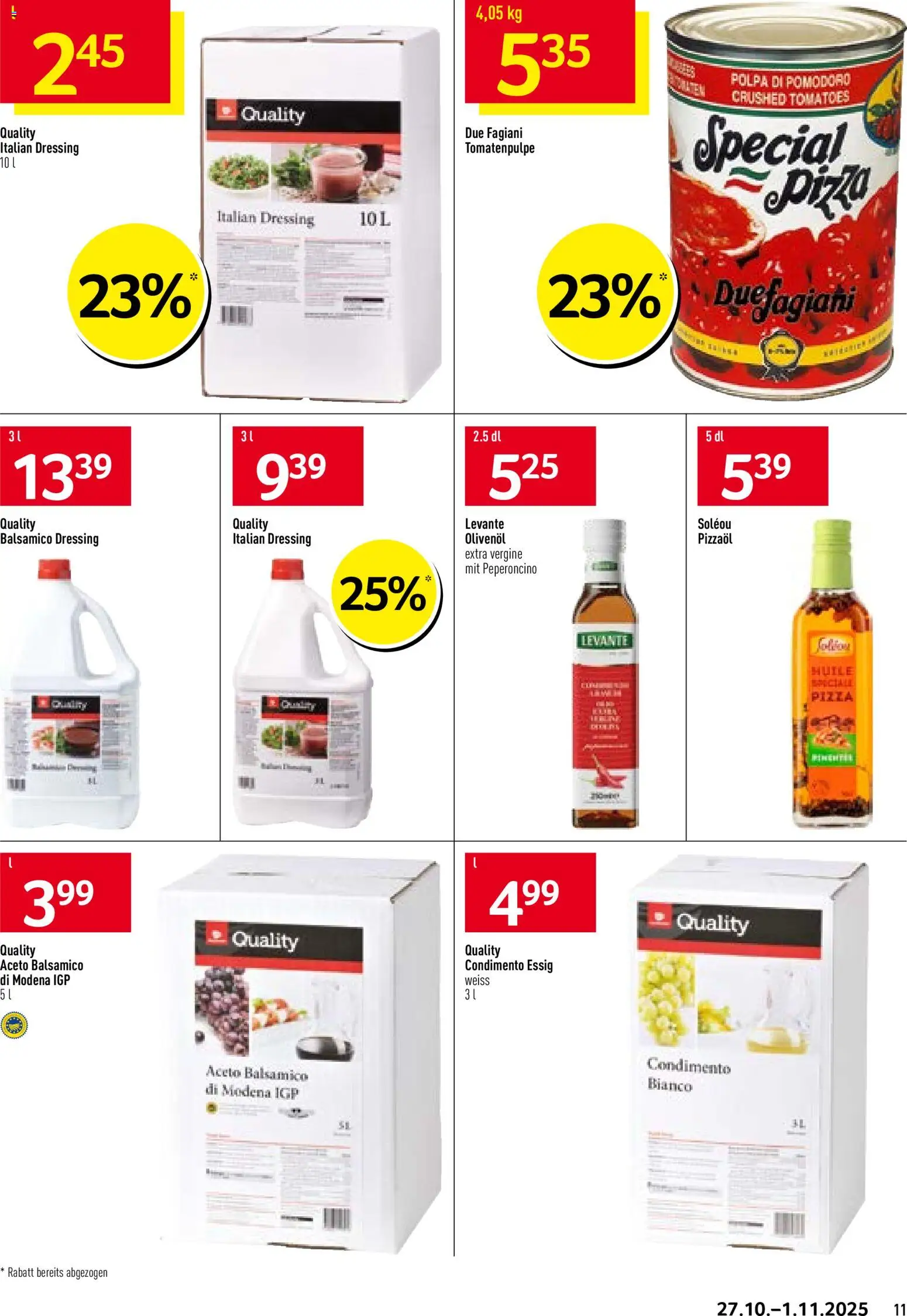 Prodega Aktionen Pizzeria – gültig ab 27.10.2025 | Seite: 11 | Produkte: Balsamico, Essig, Dressing, Pizza