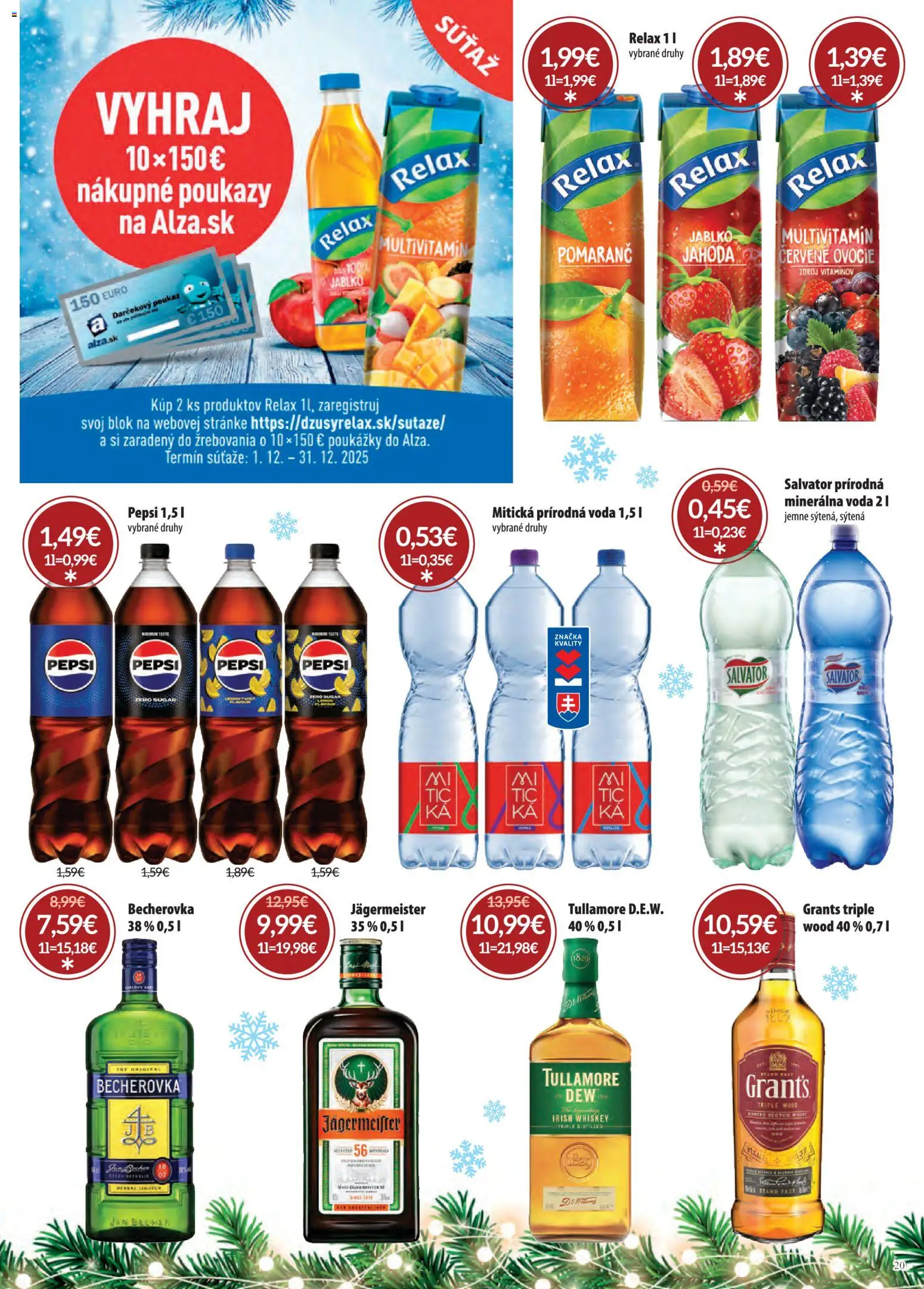 Nové Nitrazdroj akcie – leták je platný od 01.12.2025 | Strana: 20 | Produkty: Jägermeister, Becherovka, Pepsi, Ovocie