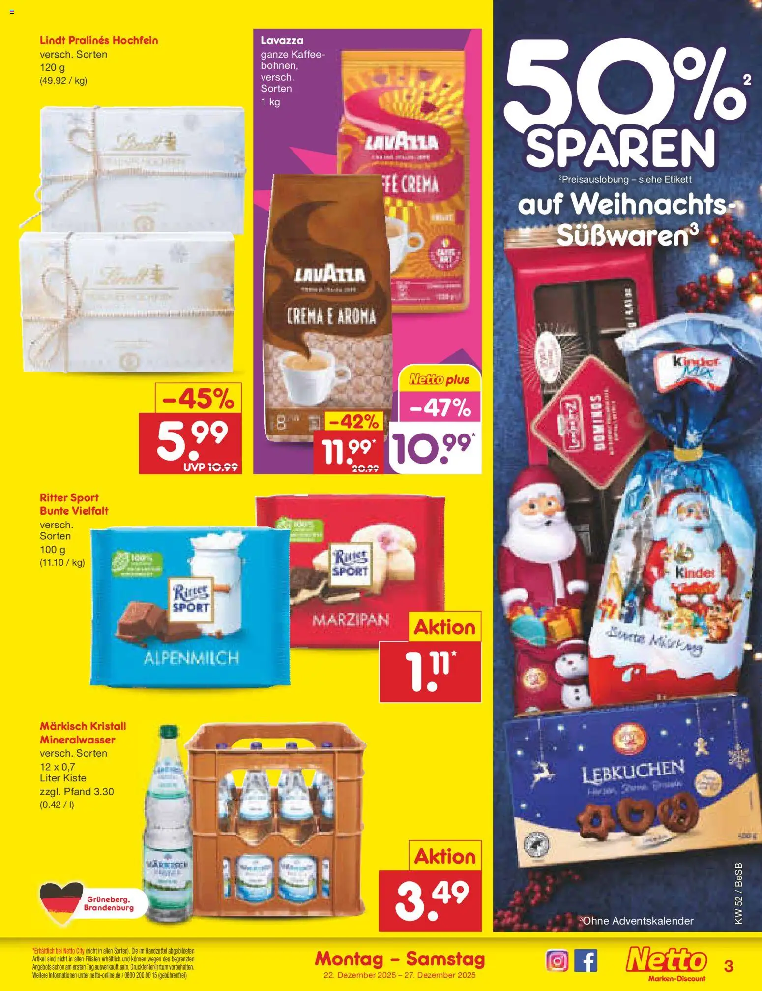 Netto Marken-Discount Prospekt 	 – gültig ab 22.12.2025 | Seite: 3 | Produkte: Lavazza, Ritter sport, Mineralwasser, Lindt