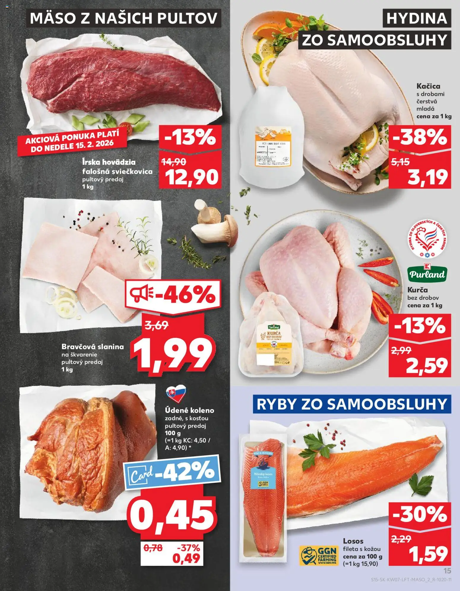 Nové Kaufland akcie – leták je platný od 12.02.2026 | Strana: 15 | Produkty: Ryby, Kačica, Losos, Kurča