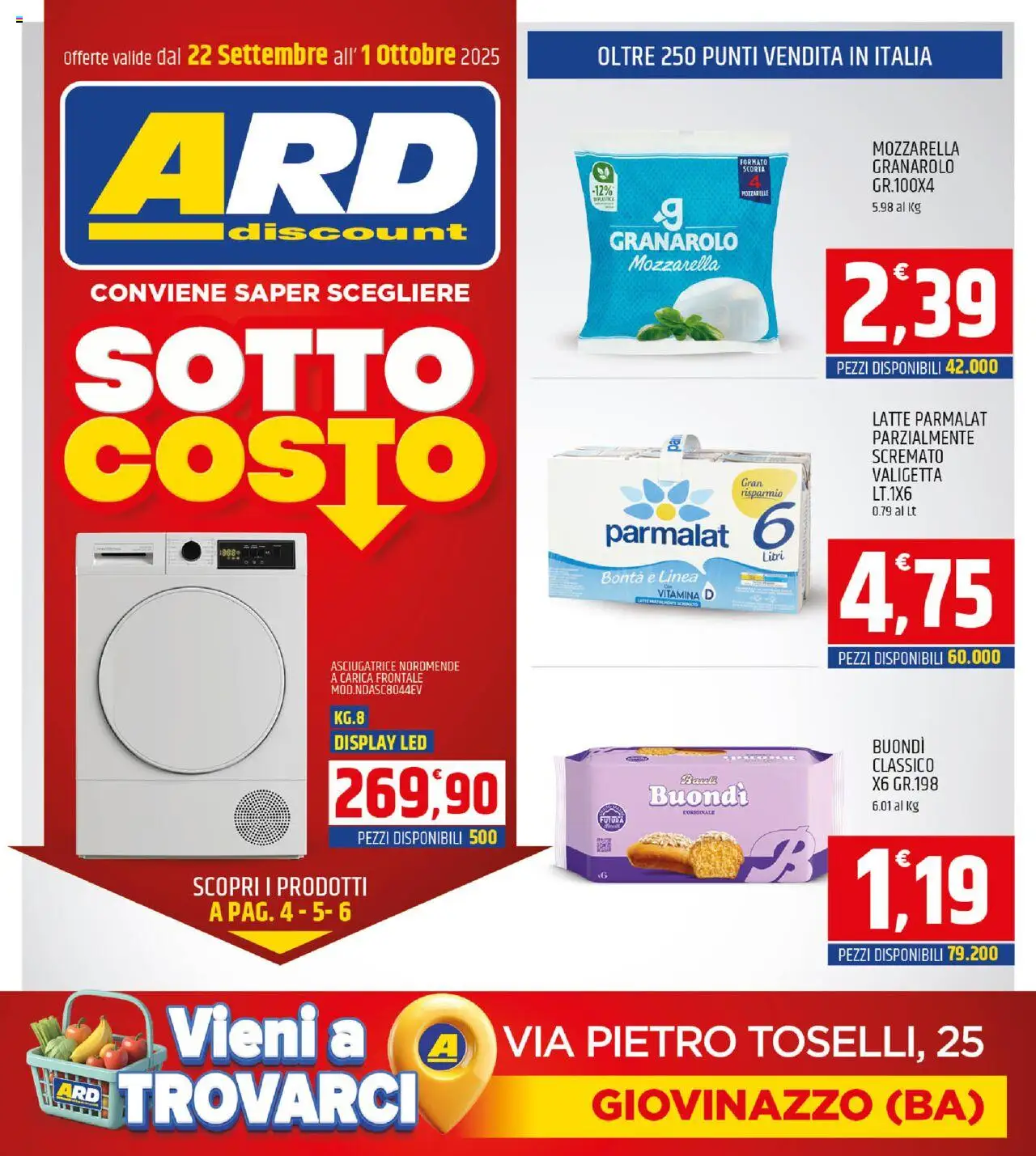 Volantino ARD Discount del 22.09.2025 | Pagina: 1 | Prodotti: Mozzarella, Latte, Asciugatrice, Valigetta