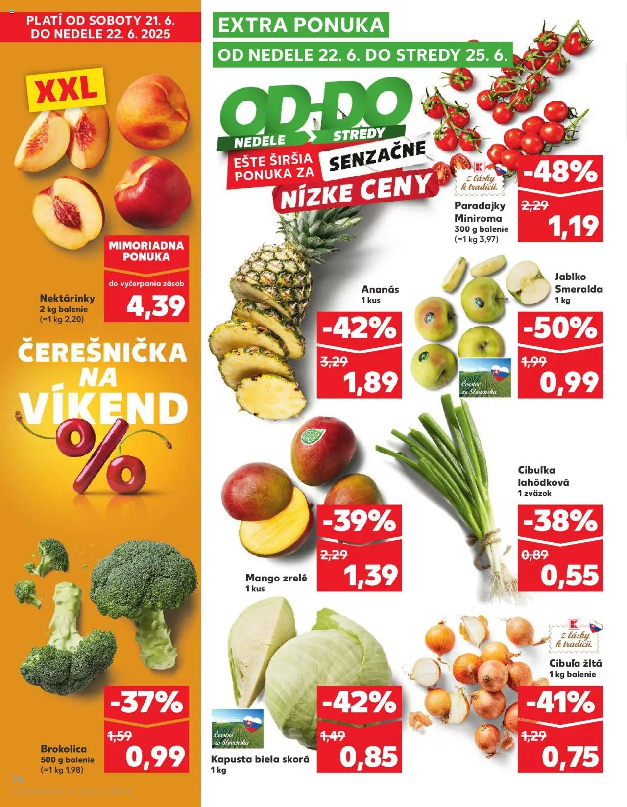 Nové Kaufland akcie – leták je platný od 19.06.2025 | Strana: 76 | Produkty: Kapusta biela, Apple, Brokolica, Mango
