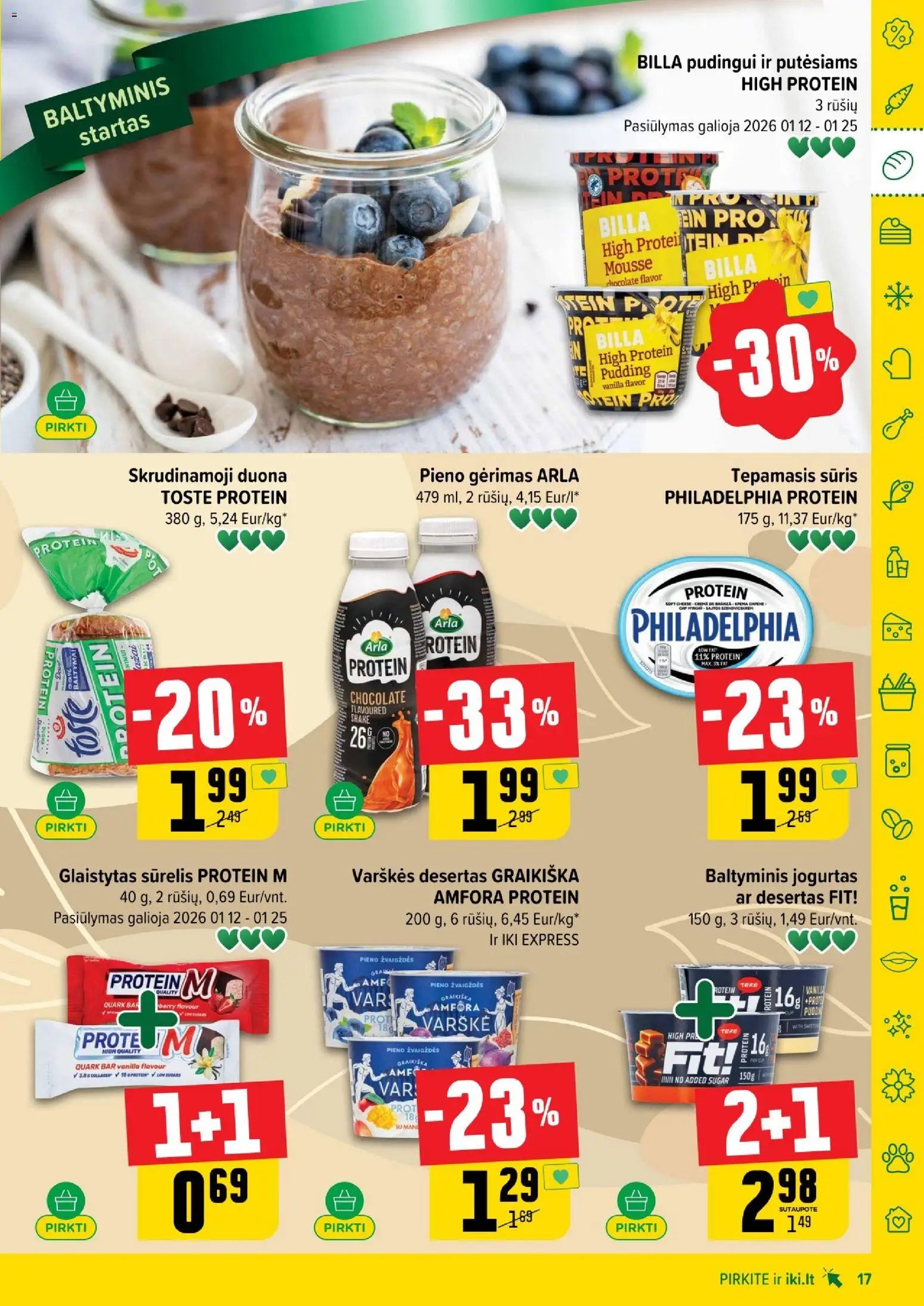 IKI akcijos nuo 12.01.2026 | Puslapis: 17 | Prekių: Sūrelis, Jogurtas, Sūris, Duona